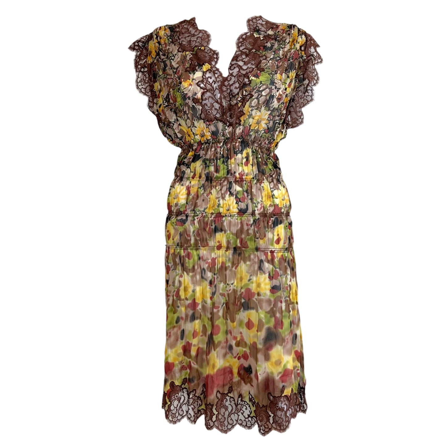 Jean Paul Gaultier Multicolor Floral Sheer Silk & Lace Side-Slit Mini Dress