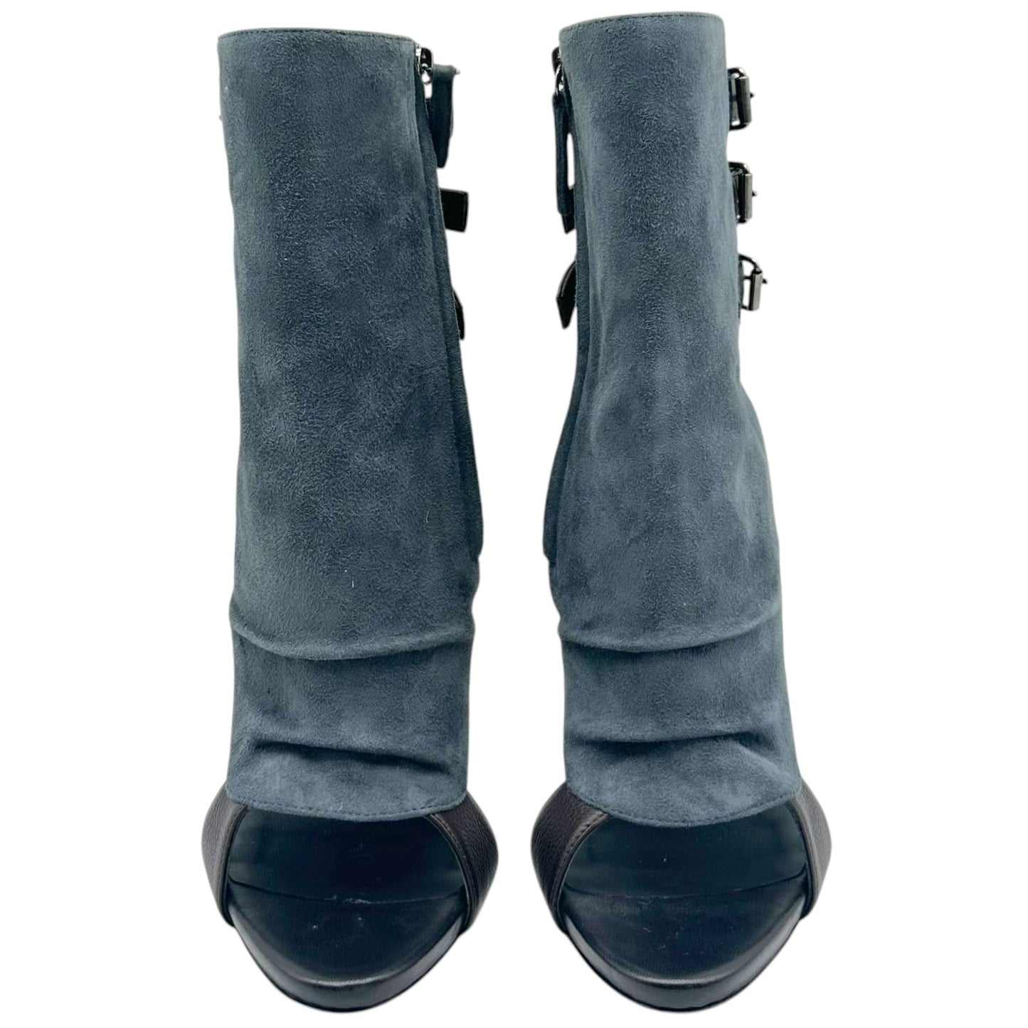 Giuseppe Zanotti Gray Suede & Black Leather Peep-Toe Ankle Bootie Pumps