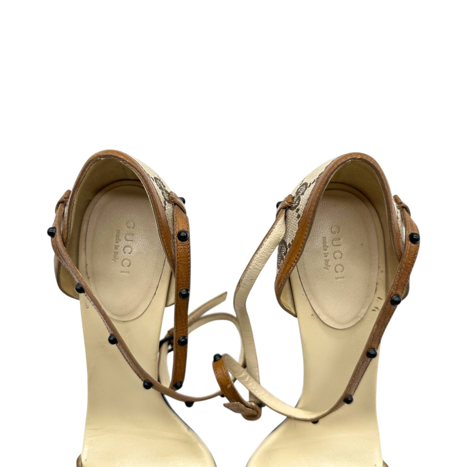 Gucci Tan Monogram and Ivory Leather Trim Studded Heels - Outfit Repeater