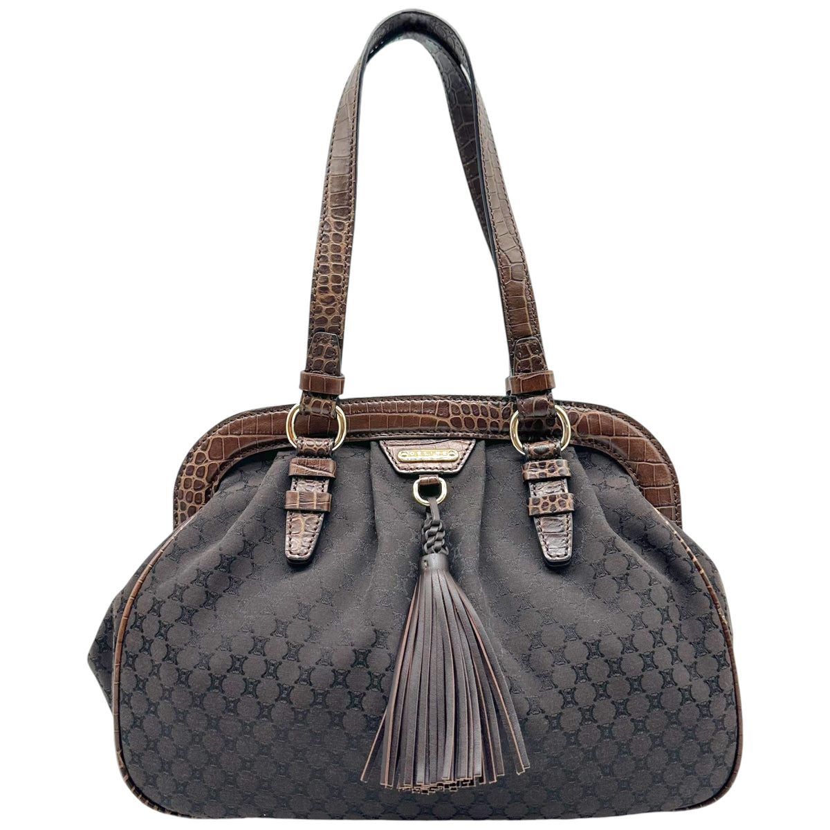 Celine Brown Triomphe Monogram Croc Leather Shoulder Bag