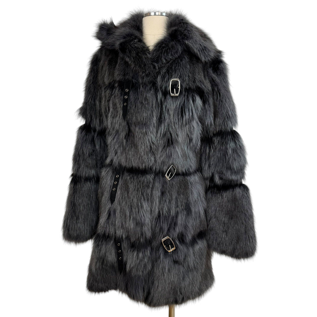 J-White Fox Fur Coat Gray Black Buckle 1990s Vintage