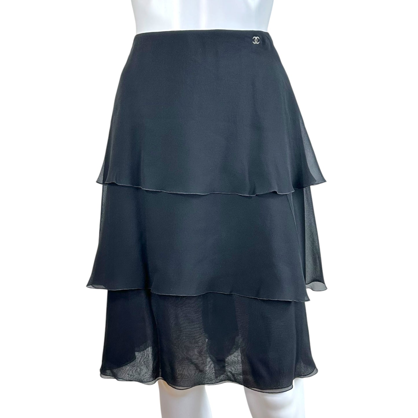 Chanel Black Tiered Silk Midi Skirt Early 2000s