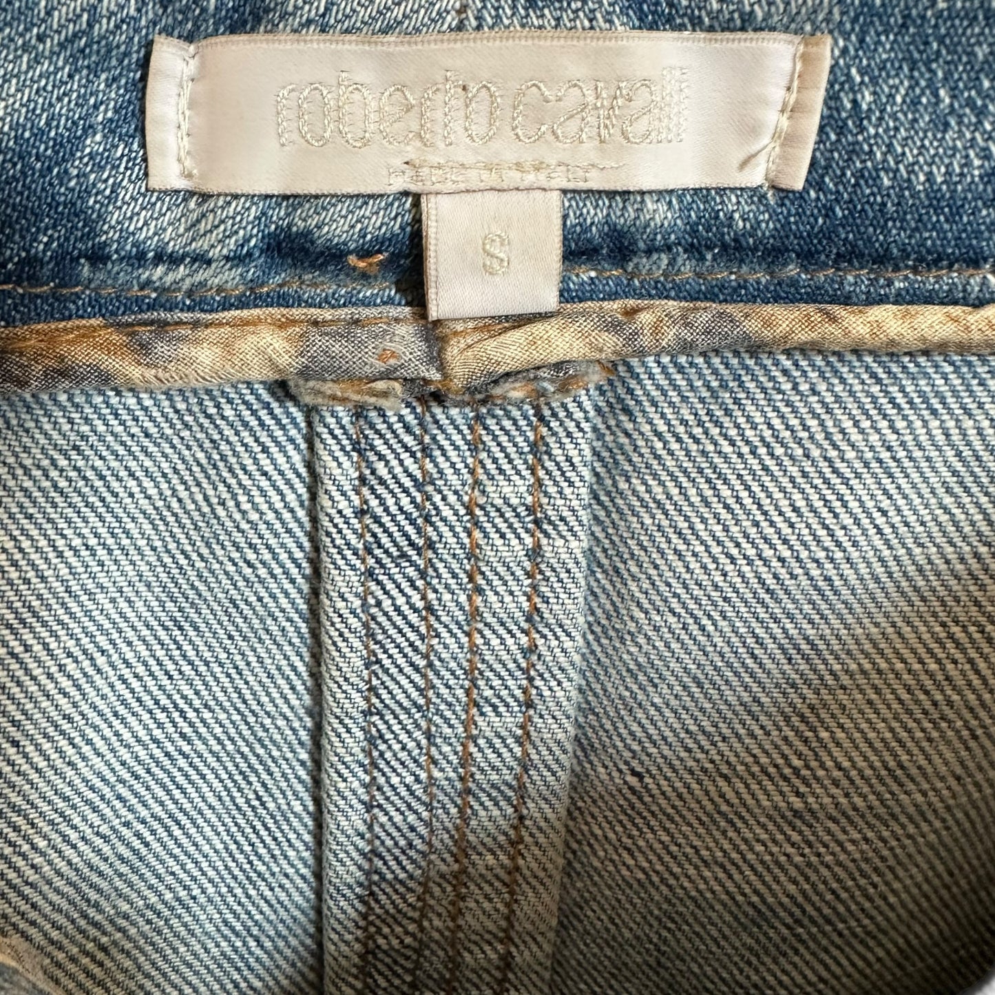 Roberto Cavalli F/W 2002 Denim Midi Skirt w/ Floral Leather Appliques