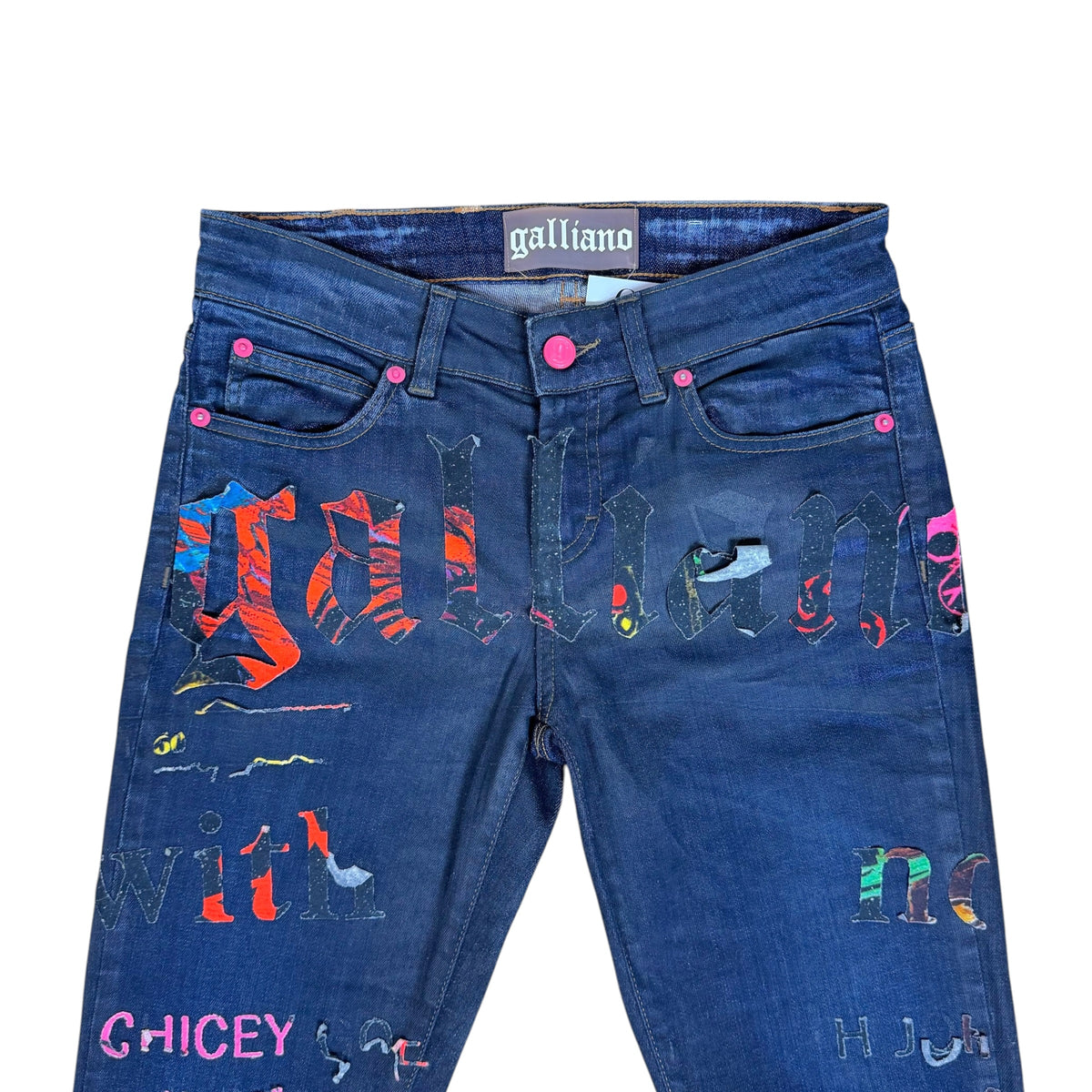 Galliano Multicolor Logo Patch Dark Wash Straight Leg Jeans