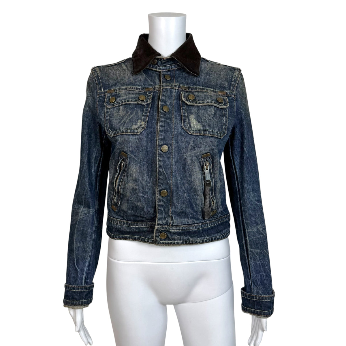 Dsquared2 Distressed Denim & Brown Ponyhair Collar Cropped Jacket