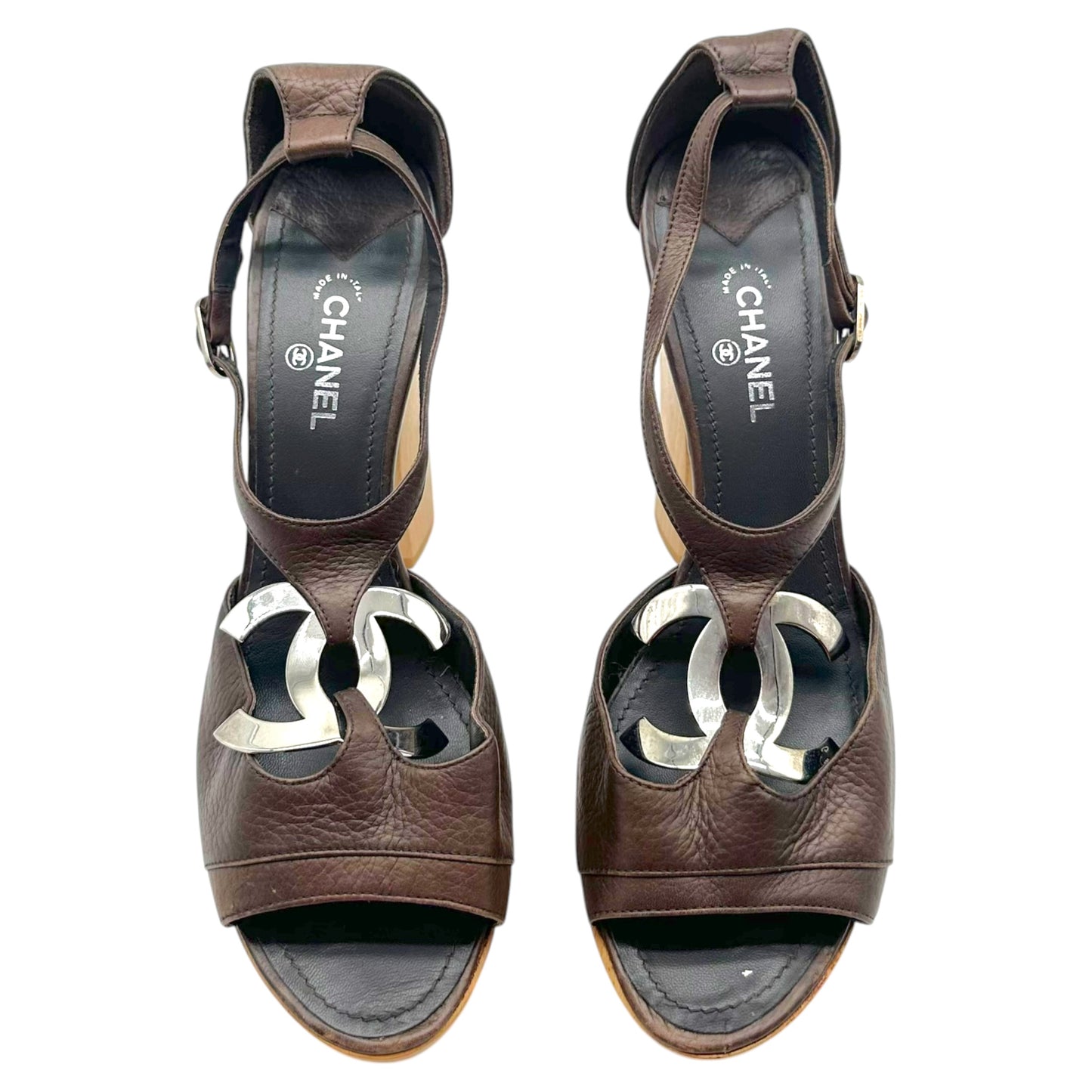 Chanel Brown Leather CC Logo Wooden Platform Heeled Sandals