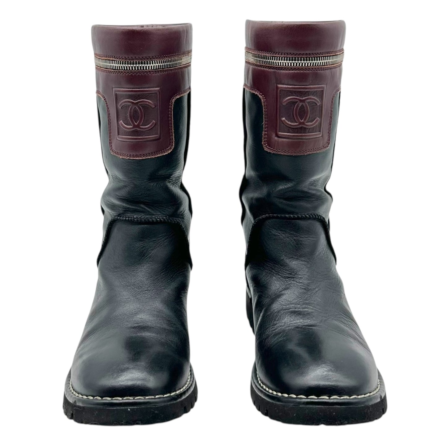 Chanel Burgundy & Black Leather Moto Boots
