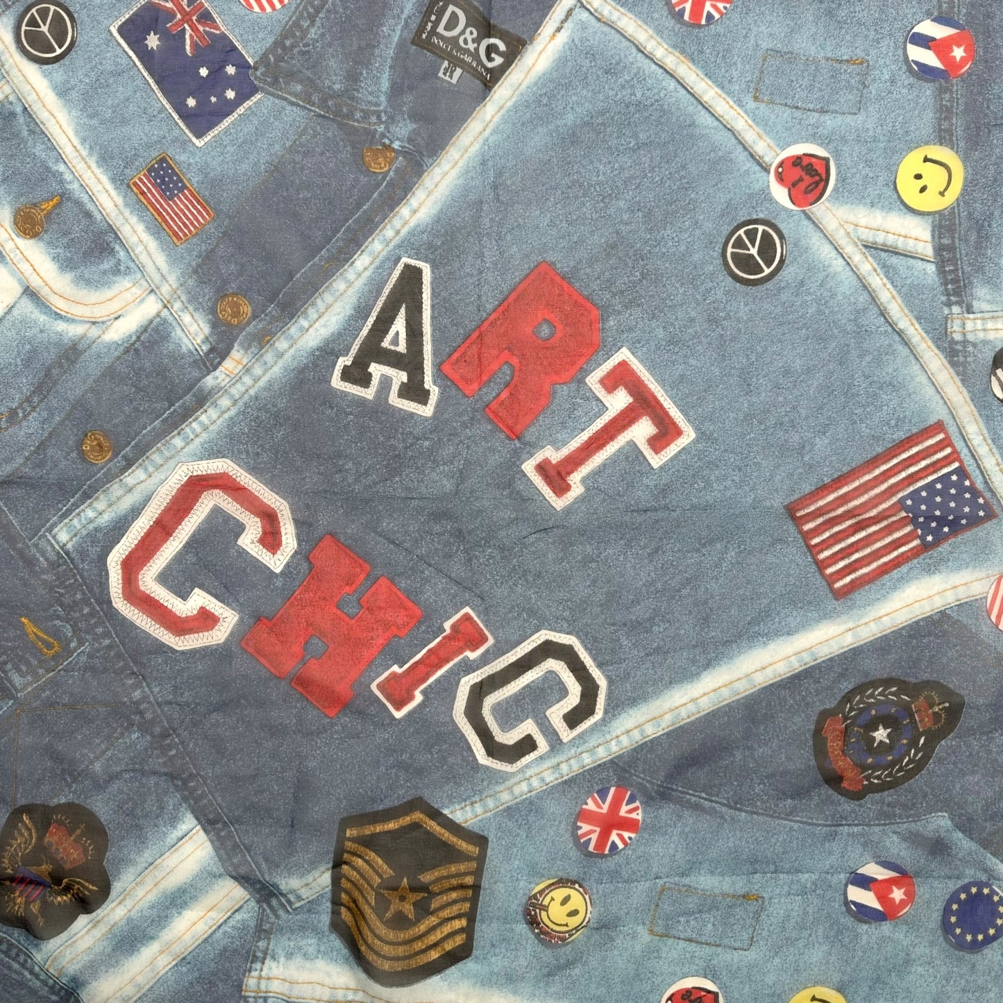 D&G Dolce & Gabbana Blue & Red ' Denim' Patchwork Silk Scarf