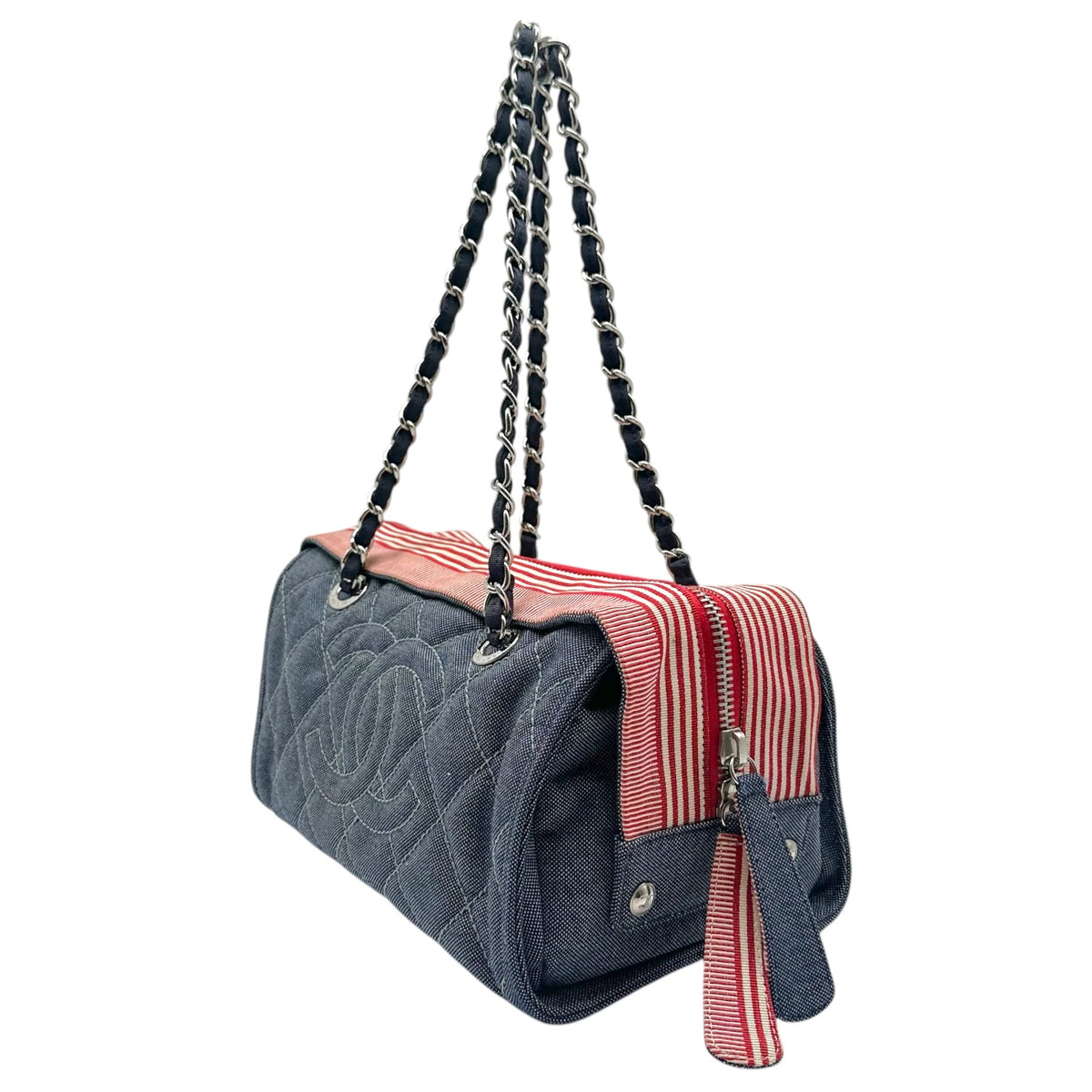Chanel Blue Denim Red Striped Bowler Shoulder Bag