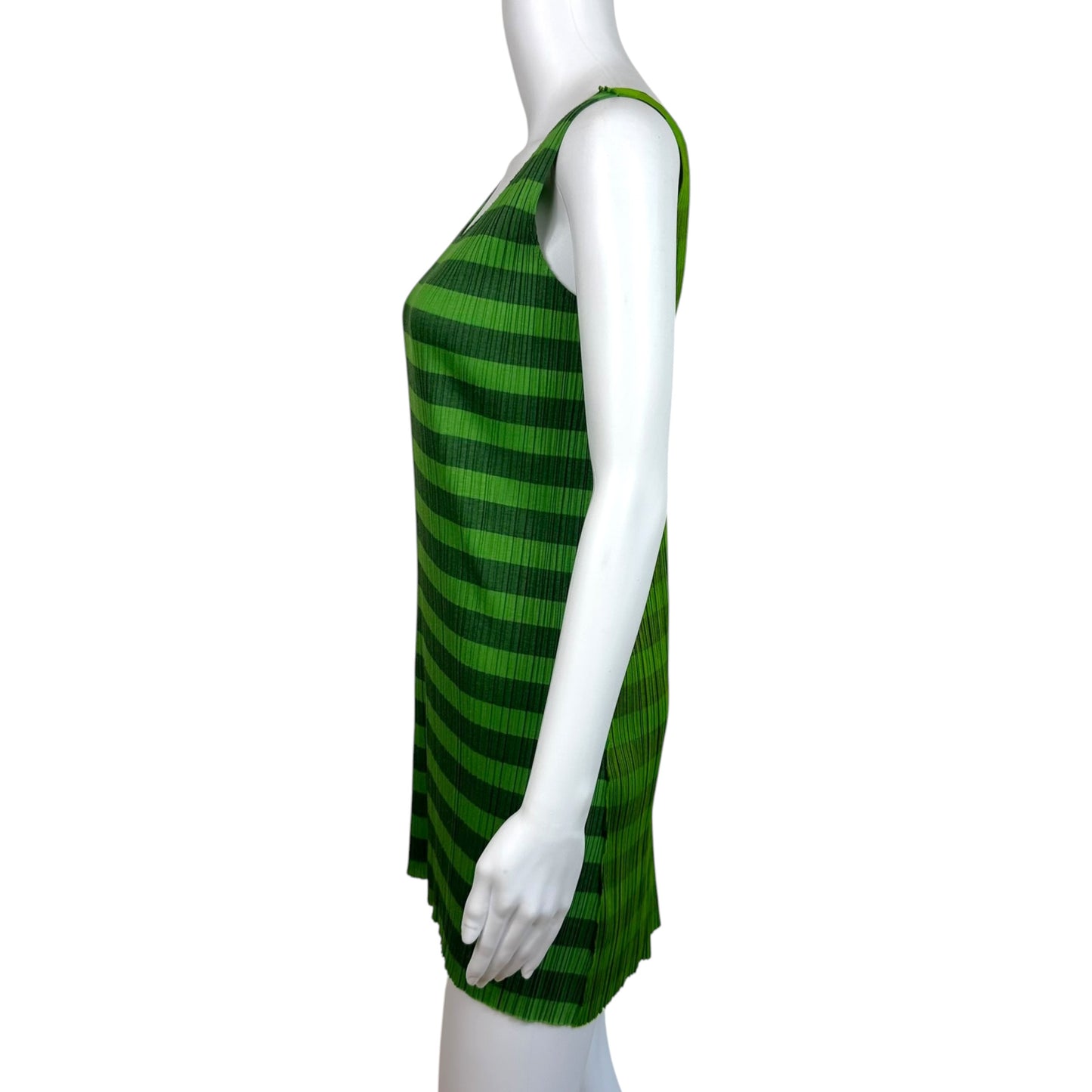 Issey Miyake Pleats Please Green Striped Sleeveless Pleated Mini Dress