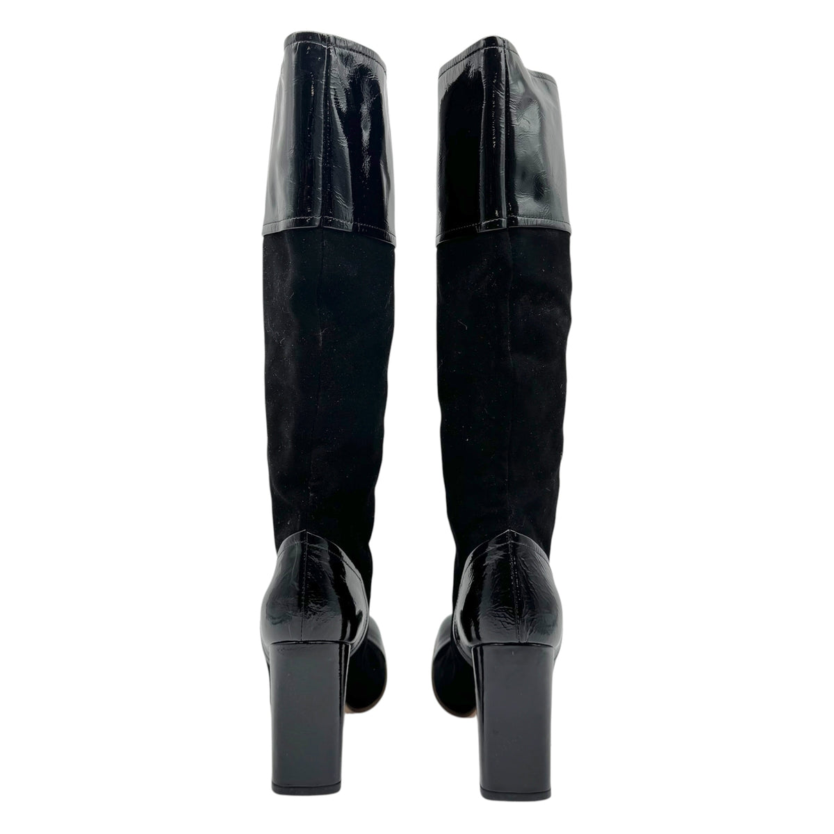 D&G Dolce & Gabbana Black Suede & Patent Leather Rounded Toe Heeled Boots