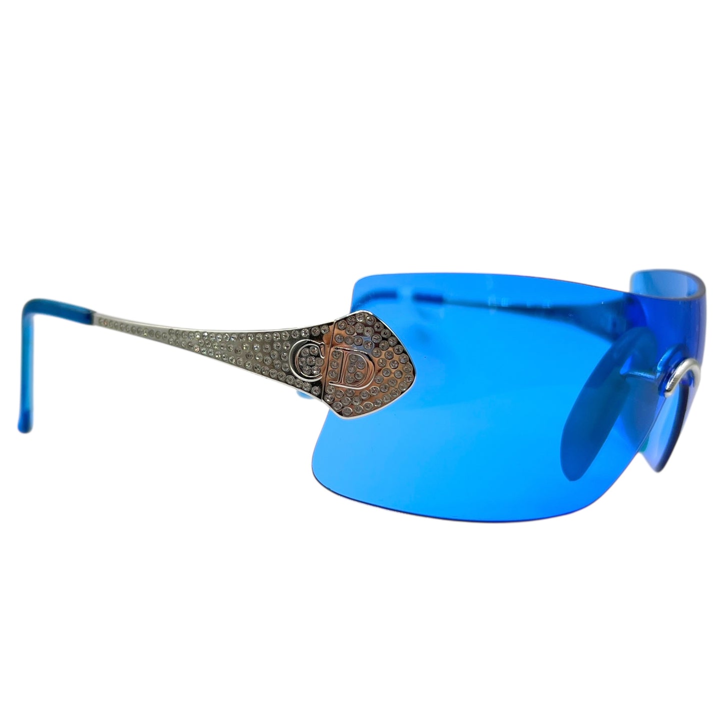 Christian Dior Bright Blue Crystal Embellished Rimless Shield Sunglasses w/ Case