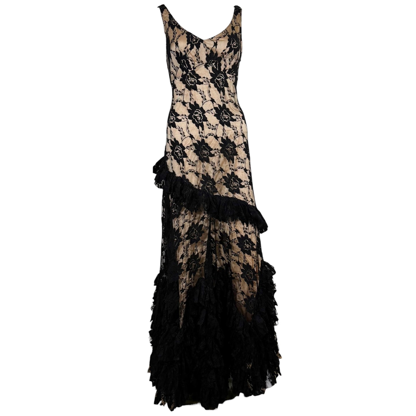 Galliano Black Lace Gown Dress Ruffle Trim Sleeveless