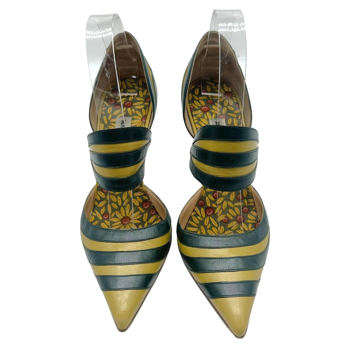 Manolo Blahnik Pointed Toe Pumps Dark Green Yellow Stripes
