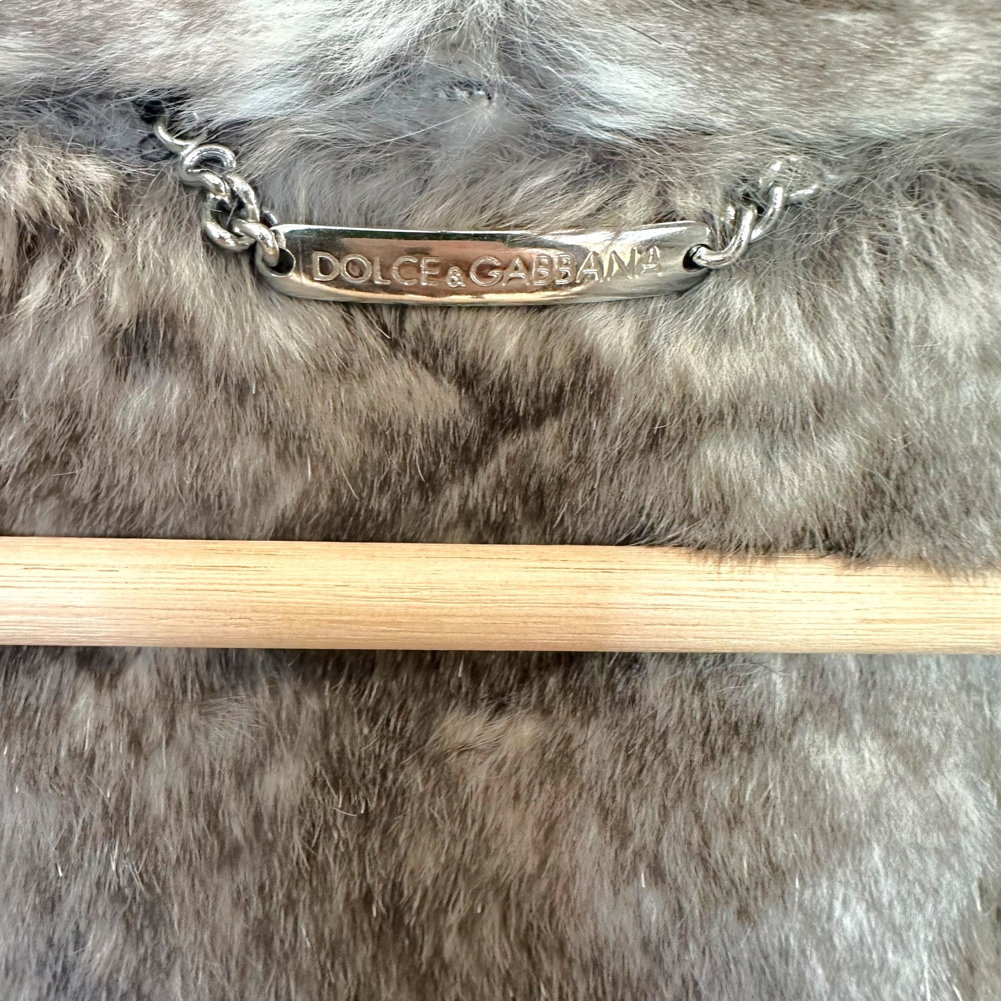 Dolce & Gabbana Gray Rabbit Fur Coat Distressed Print