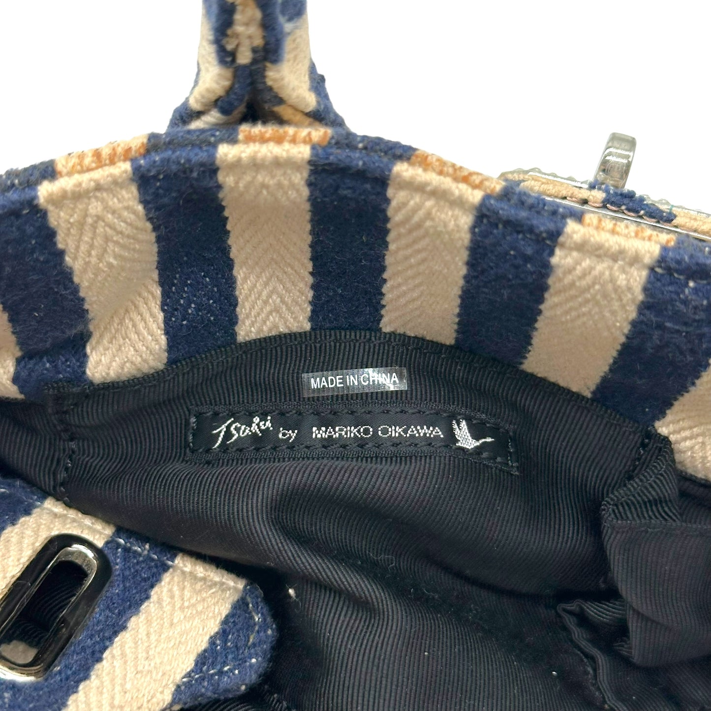 Tsuru Navy Ivory Striped Rhinestone Firkin Bag