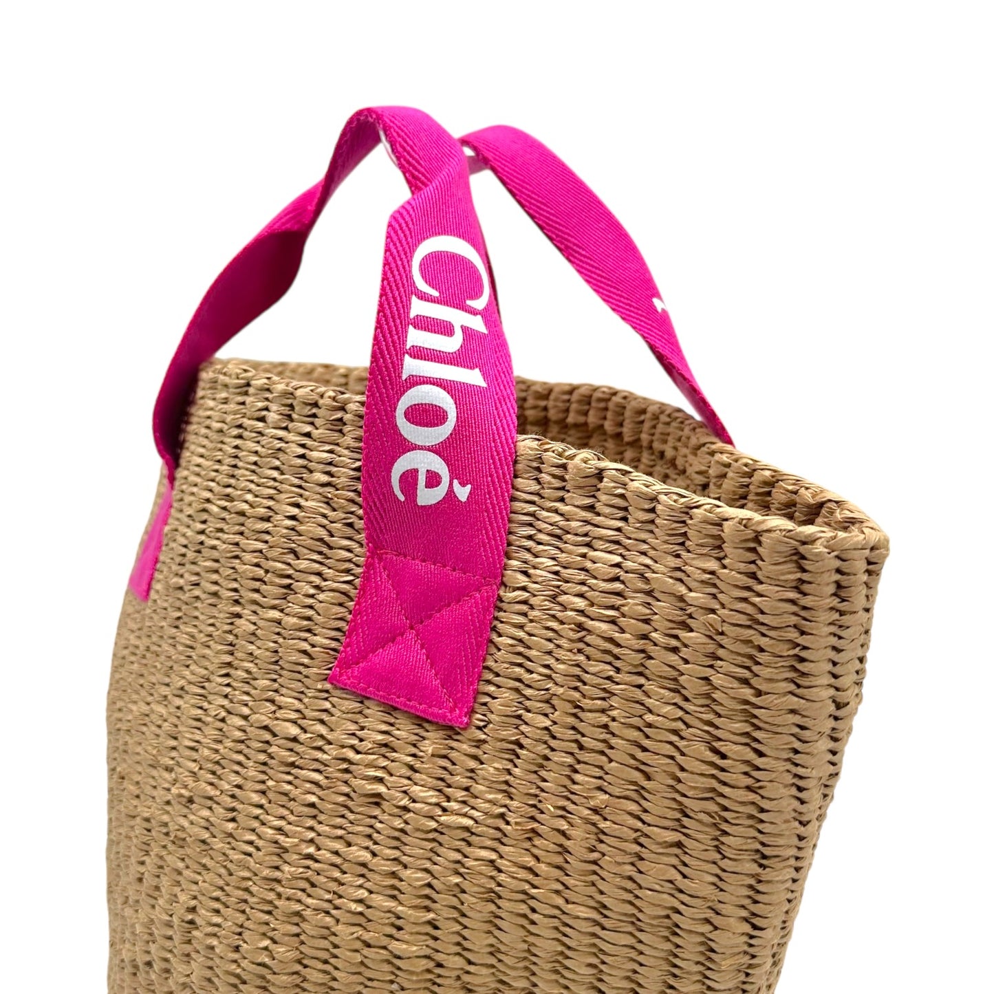 Chloé Pink Logo Handle Woven Wicker Basket Bag NEW