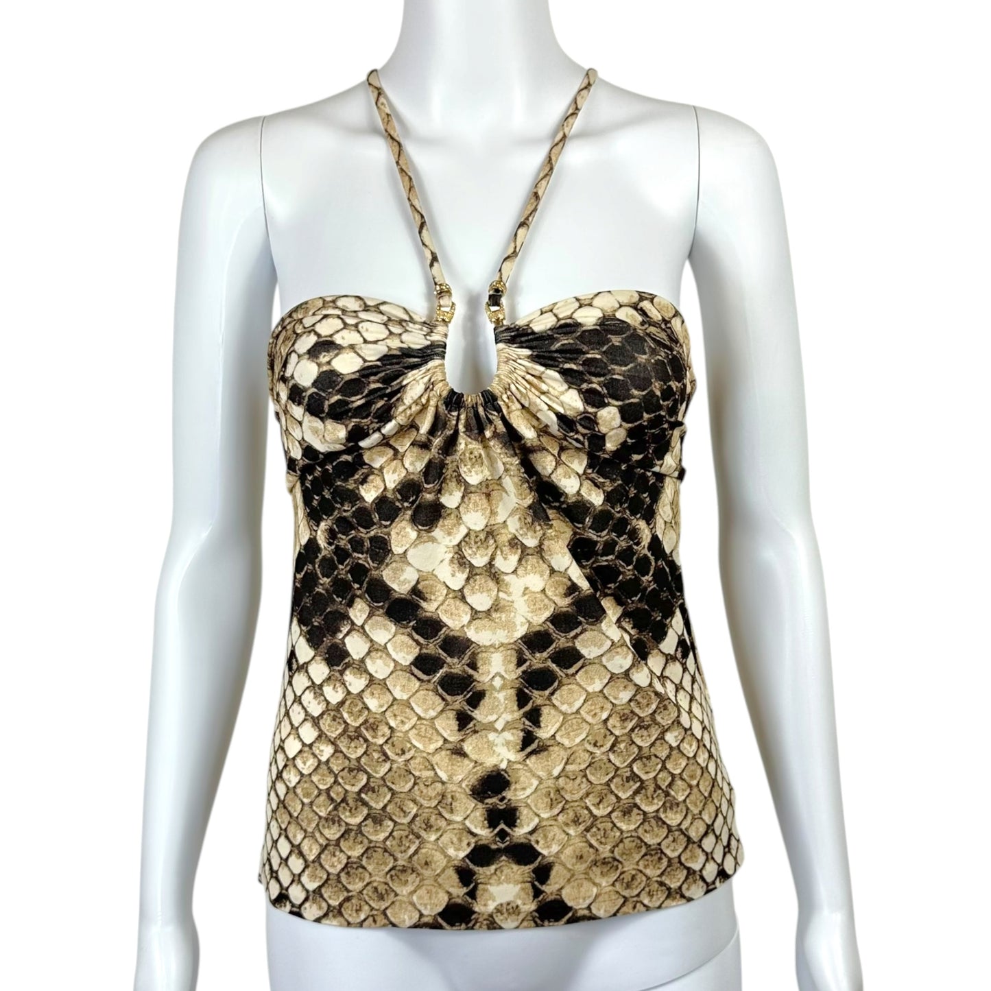 Roberto Cavalli 2007 Brown Snakeskin Print Halter Tank