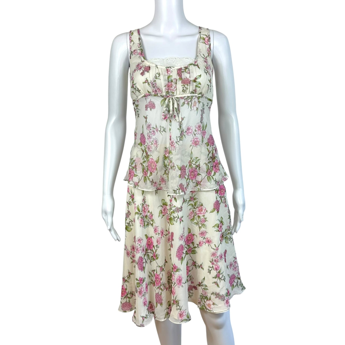 Escada Pink & White Floral Silk Blouse & Midi Skirt Set