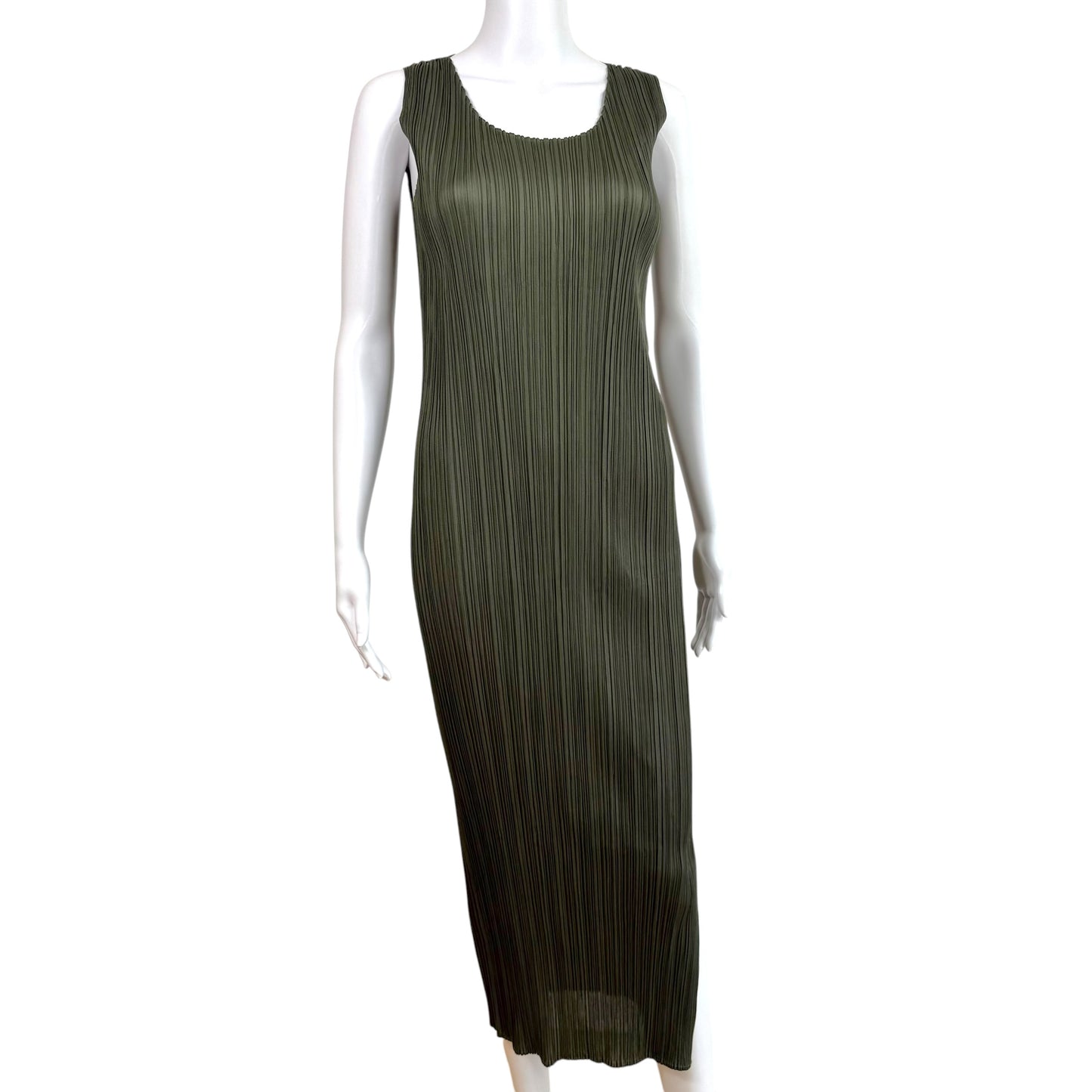 Issey Miyake Pleats Please Olive Green Pleated Maxi Dress Sz 2