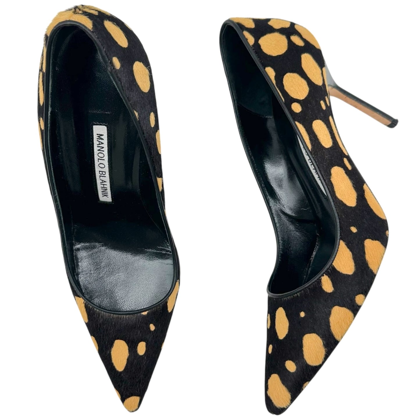 Manolo Blahnik Brown & Yellow Spotted Ponyhair Pointed Toe Pumps