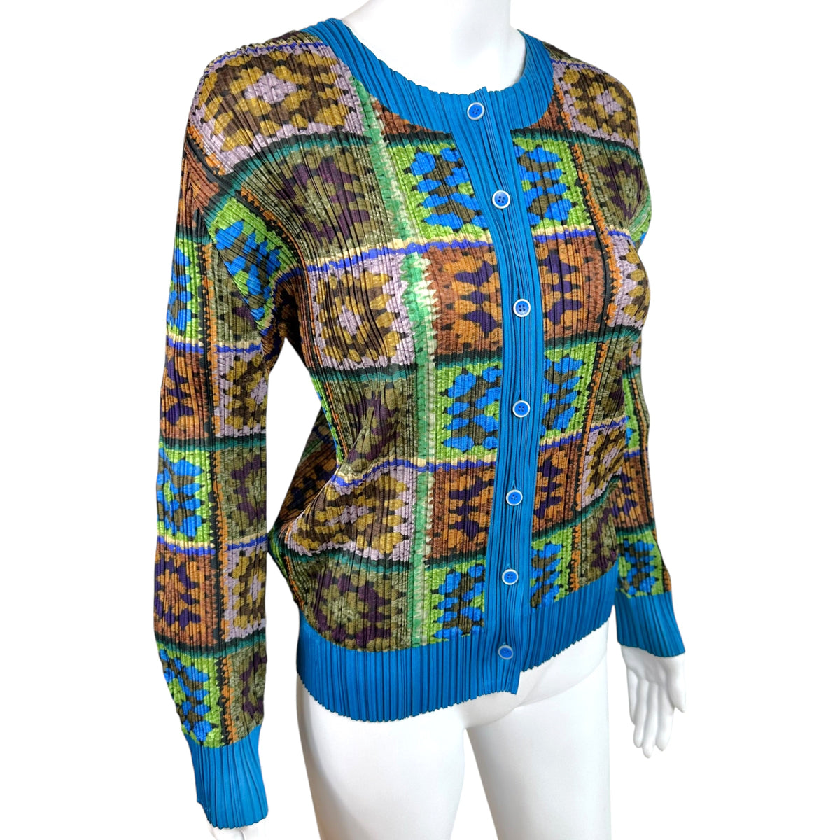 Issey Miyake Pleats Please Turquoise Multicolor Crochet Square Printed Pleated Cardigan Top Sz 3