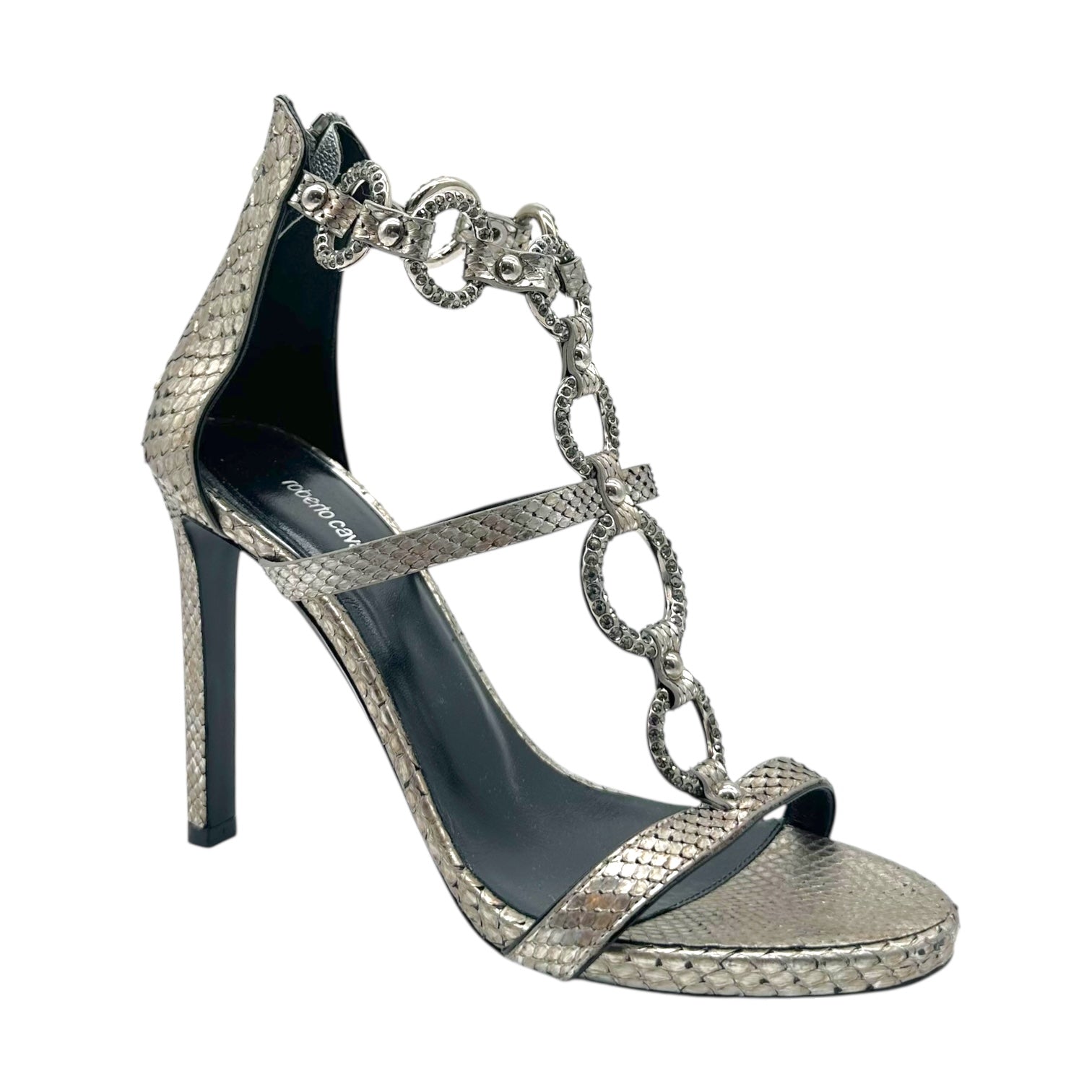 Roberto Cavalli Silver Python & Crystal Sandal Heels - Outfit Repeater