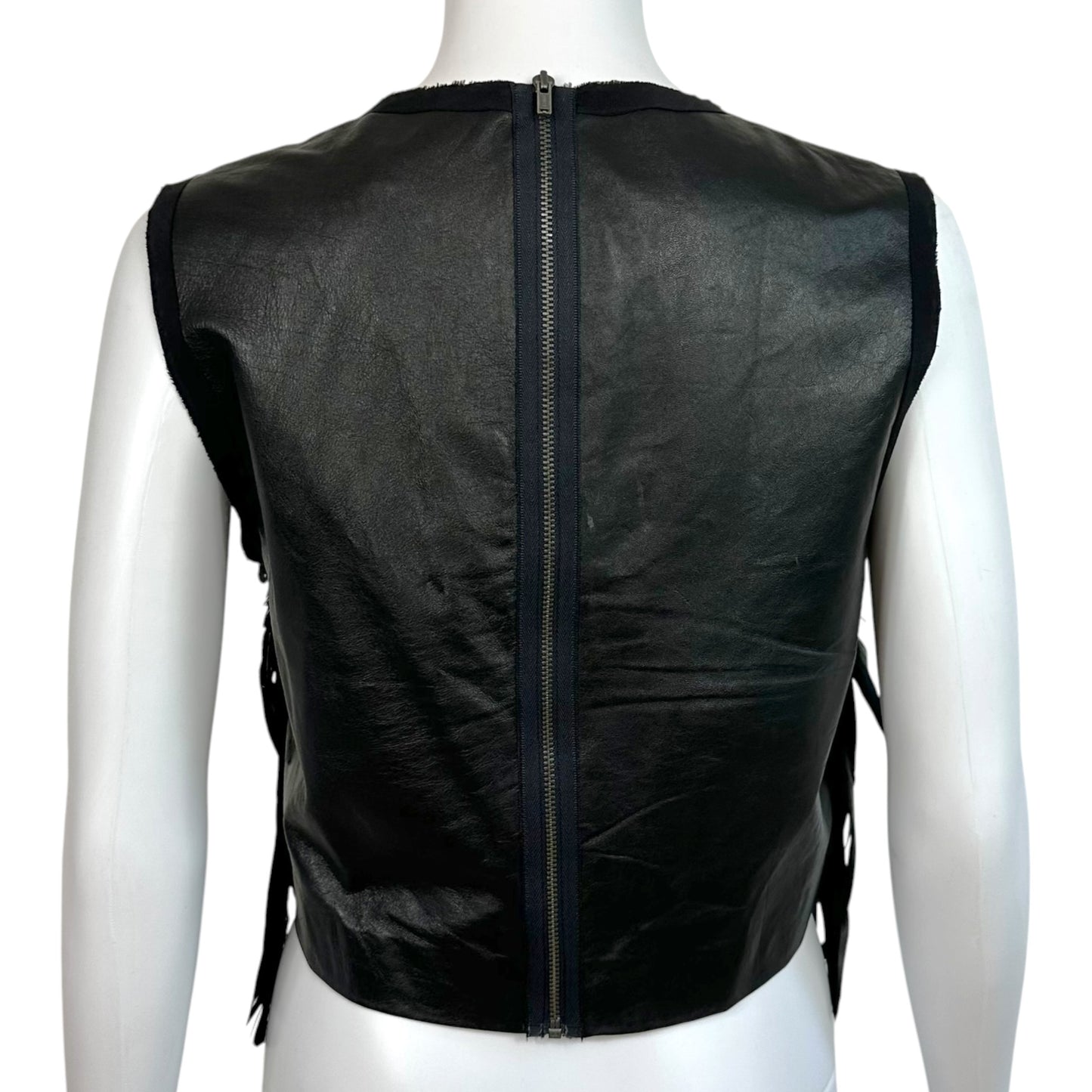 Nicole Miller Atelier Black Leather & Iridescent Green Feather Embellished Cropped Top
