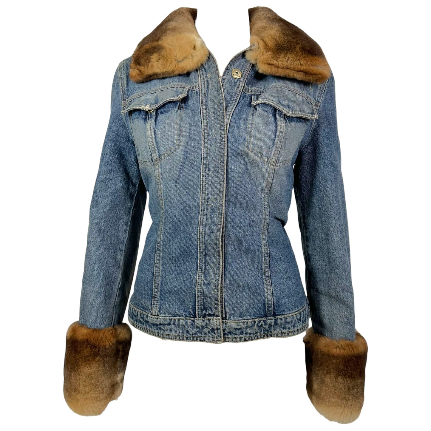 Dolce & Gabbana Brown Rabbit Fur Trim Denim Jacket