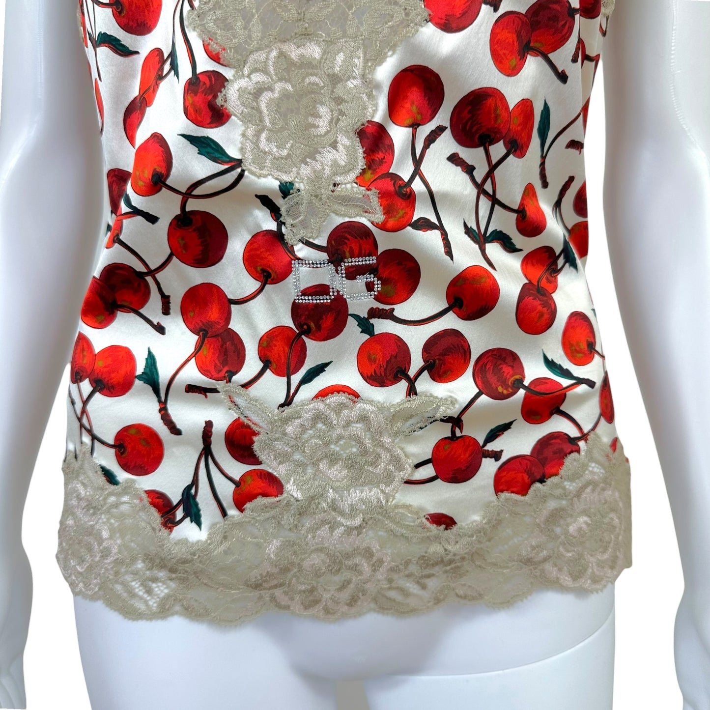 Dolce & Gabbana Cherry Print Silk Lace Trim Rhinestone Logo Cami Top