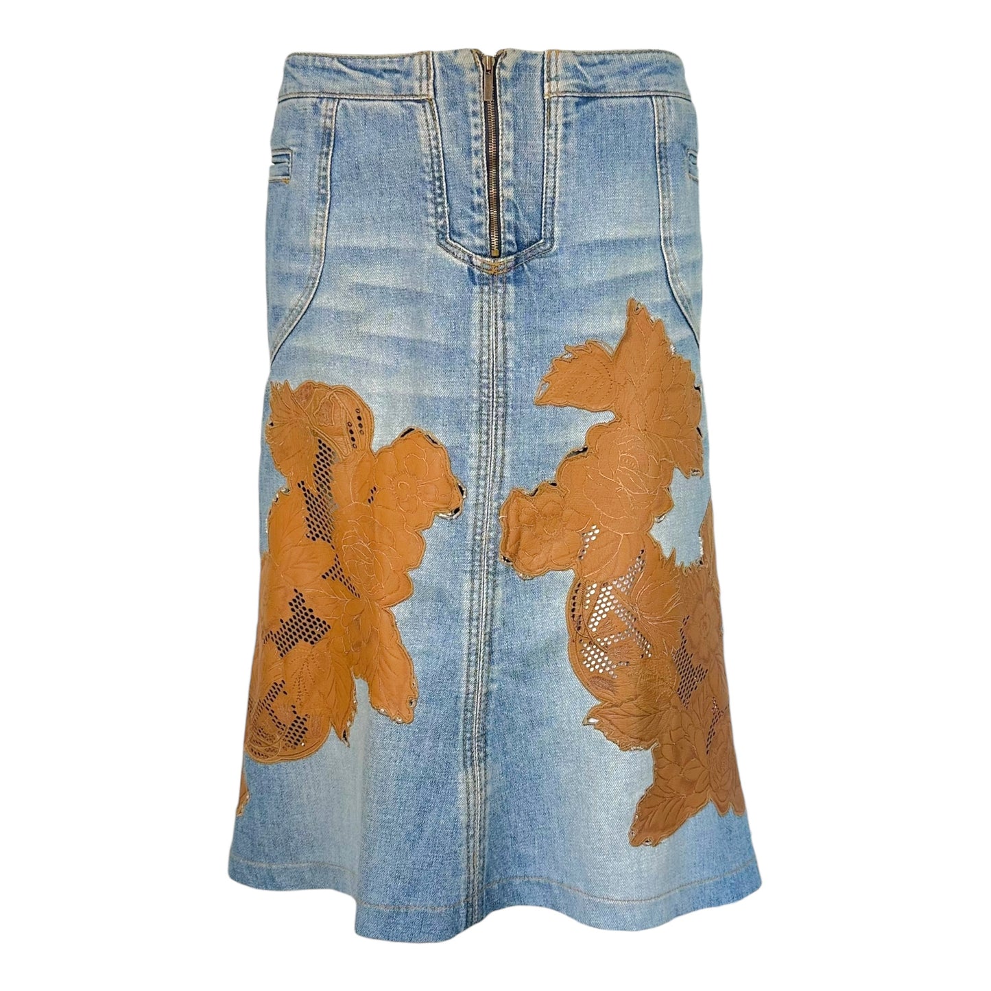 Roberto Cavalli F/W 2002 Denim Midi Skirt w/ Floral Leather Appliques