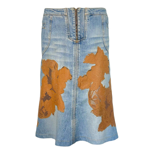 Roberto Cavalli F/W 2002 Denim Midi Skirt w/ Floral Leather Appliques