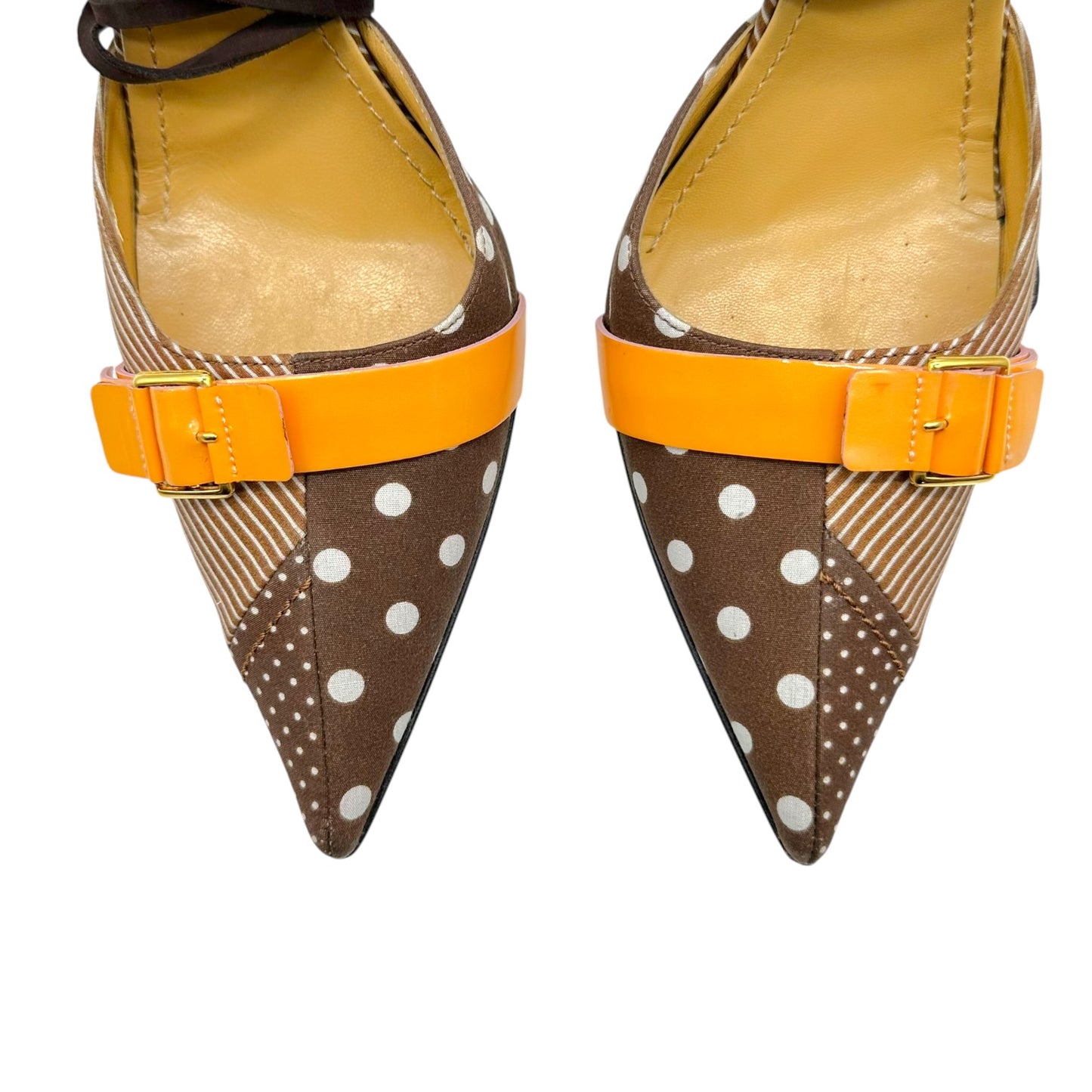 Casadei Lace Up Mule Heels Brown Orange Striped Polka Dot