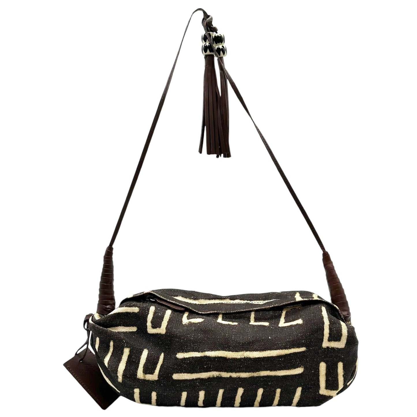 Ralph Lauren Brown & Ivory Ethnic Printed Fringe Trim Crossbody Bag