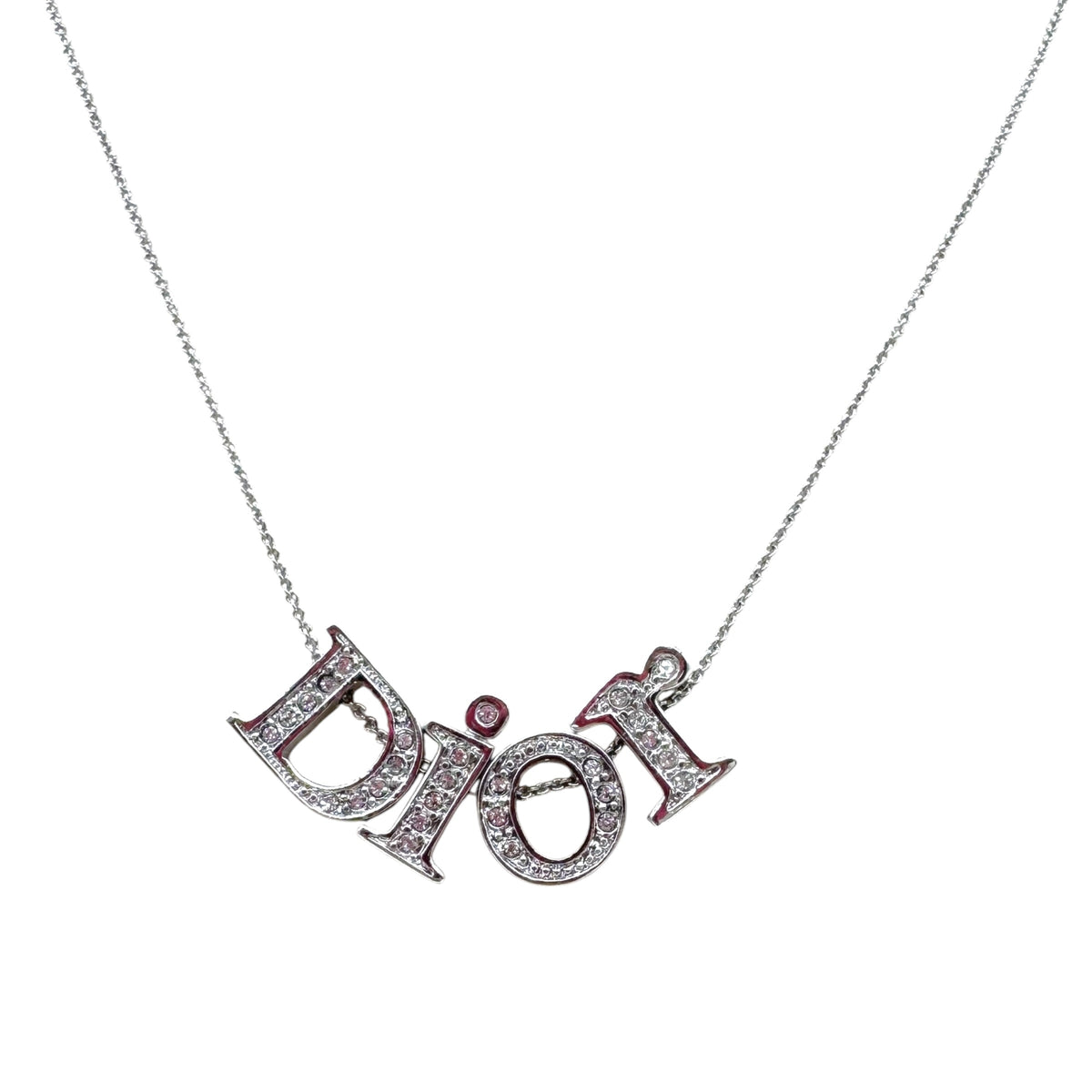 Christian Dior Silver Rhinestone Spell-Out Charm Necklace