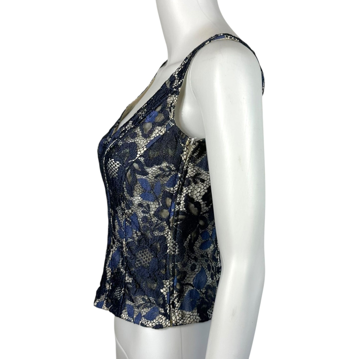 Escada Ivory Silk & Navy Blue Lace Bustier Top