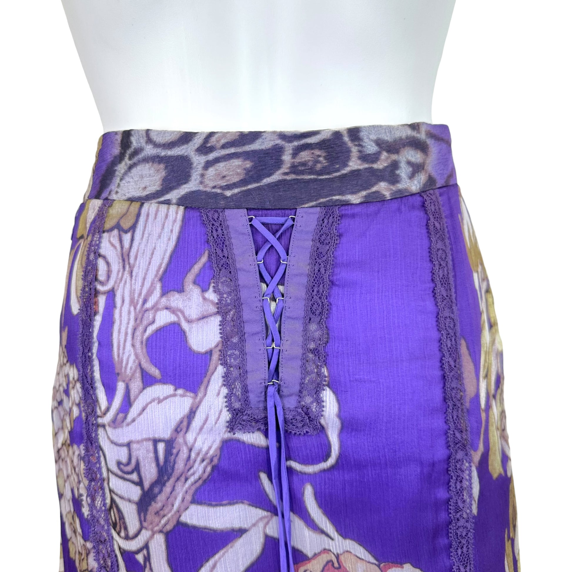 Roberto Cavalli Silk Midi Skirt Purple Floral Leopard Print