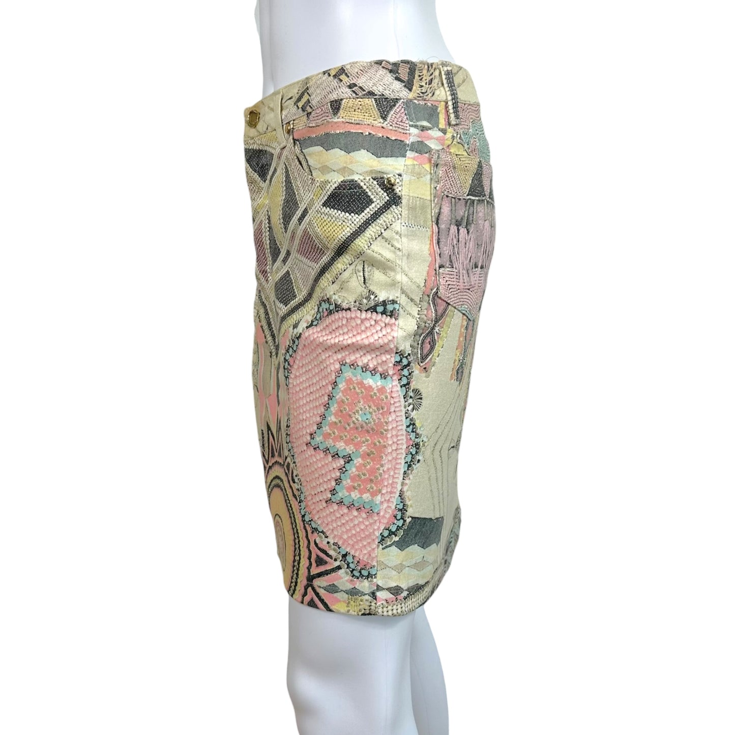 Roberto Cavalli S/S 2003 Glitter & Pastel Printed Denim Midi Skirt