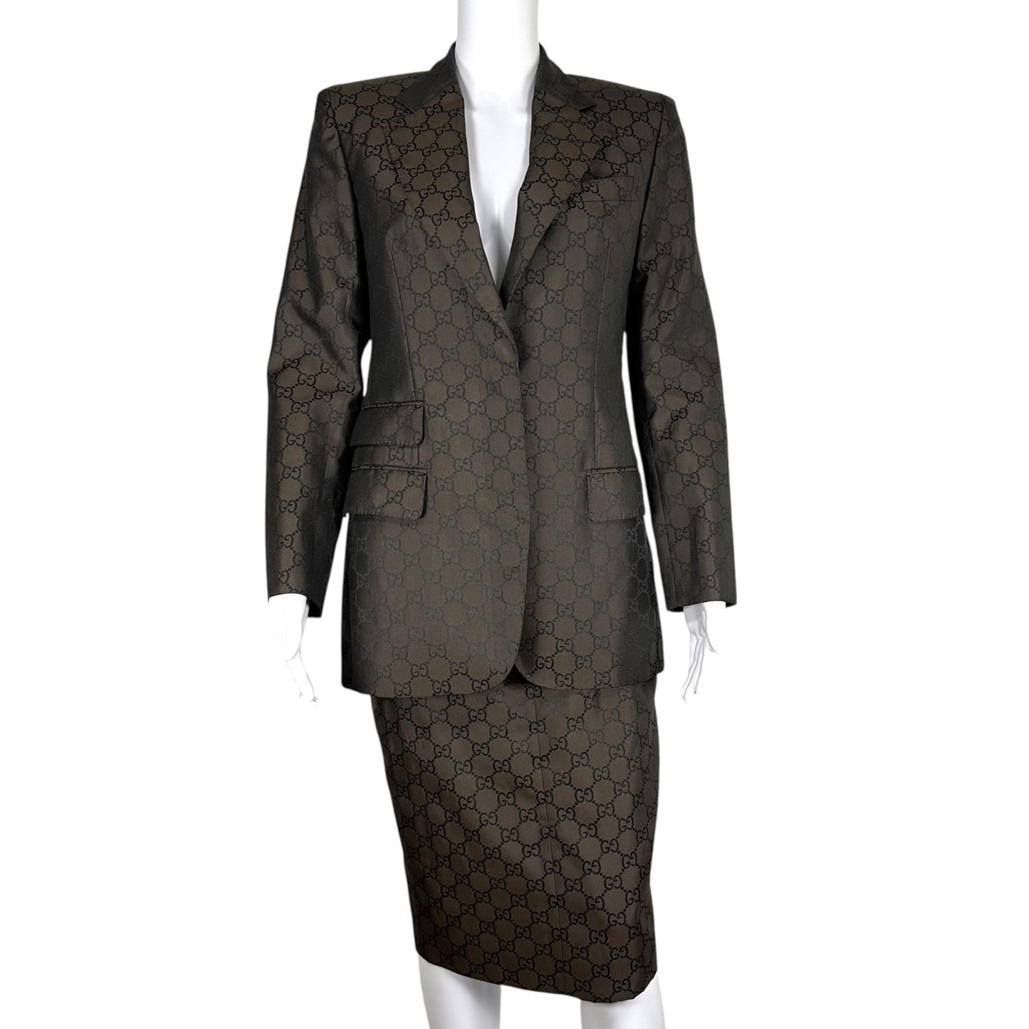Gucci by Tom Ford 1998 Black & Brown Monogram Blazer & Skirt Set