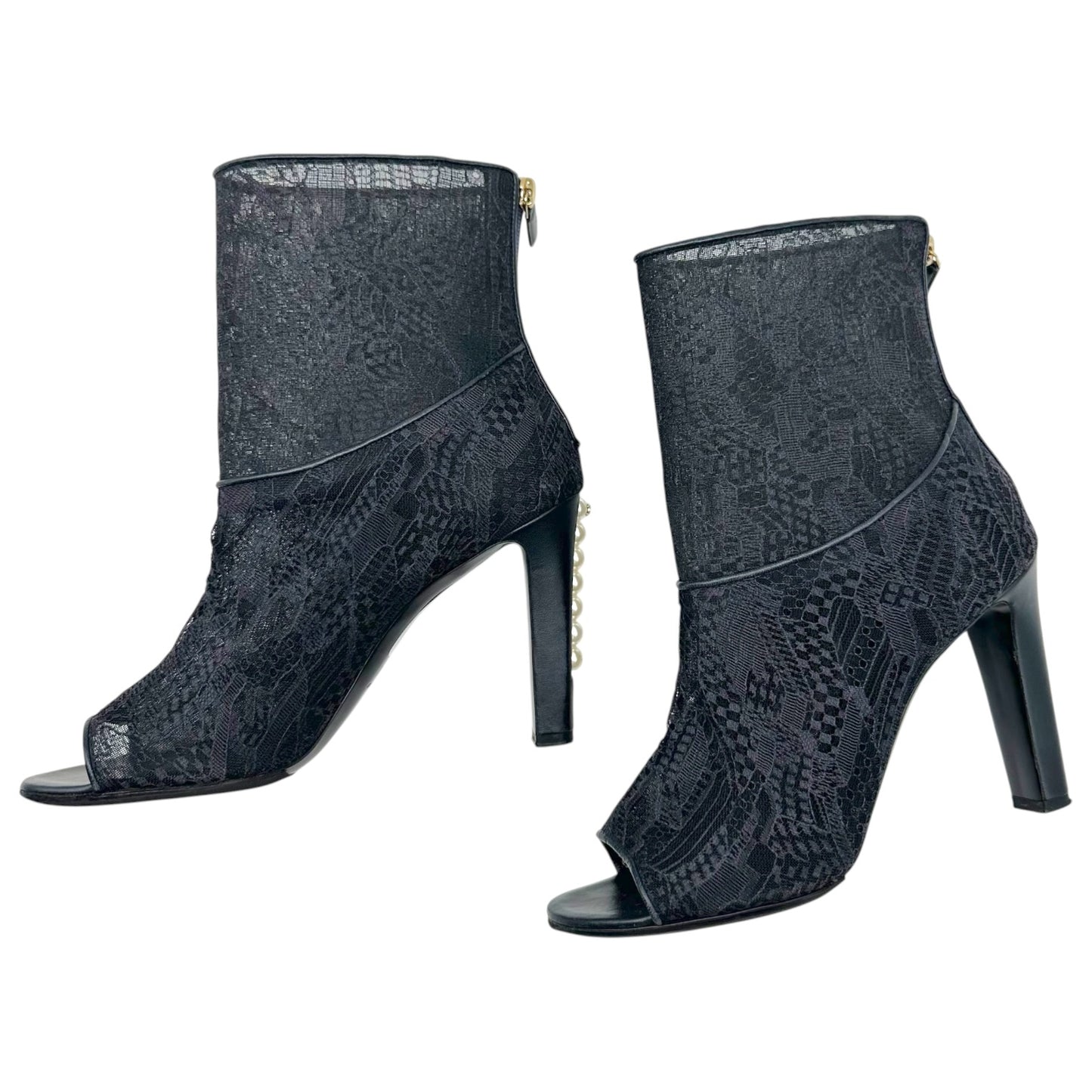 Chanel Peep-Toe Heeled Booties Black Lace Pearl Detail