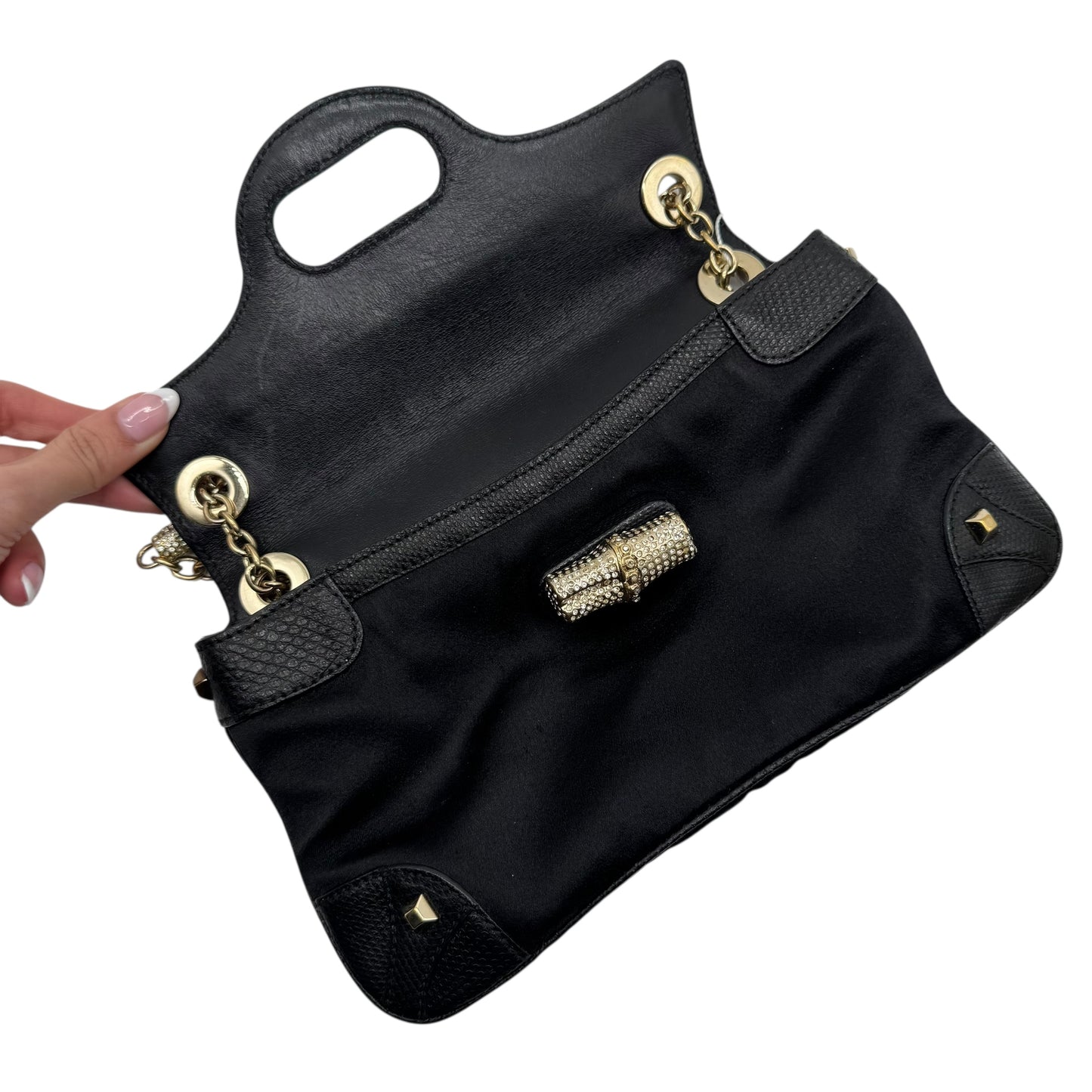 Gucci by Tom Ford Black Silk & Lizard Crystal Embellished Bamboo Mini Bag - Outfit Repeater