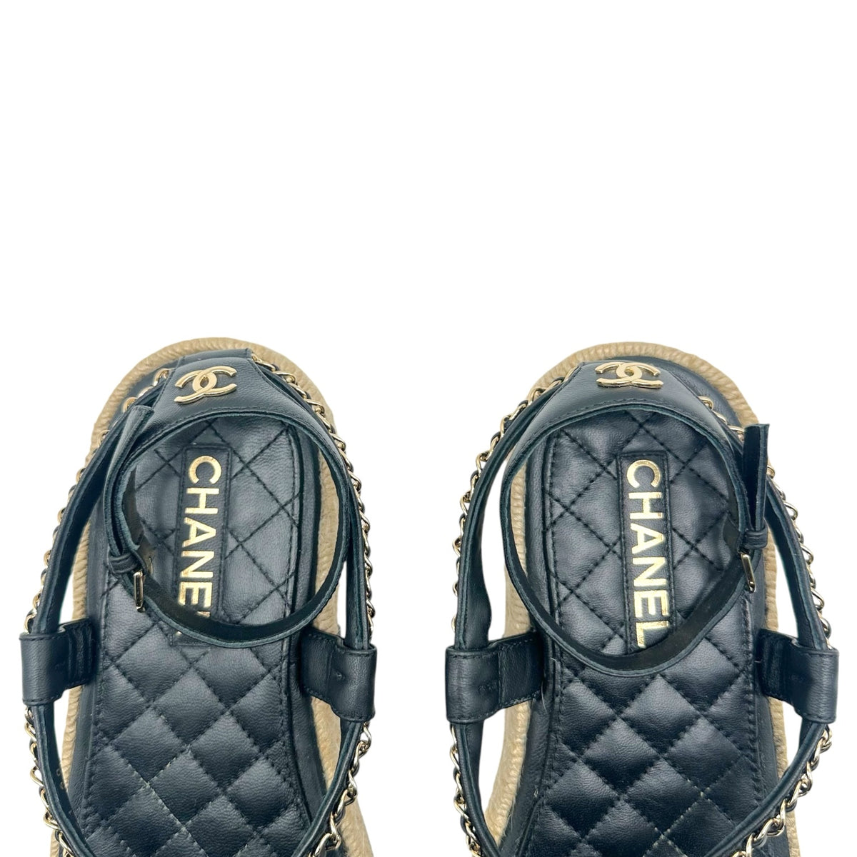 Chanel Black Leather & Jute Gold Chain Thong Flat Sandals