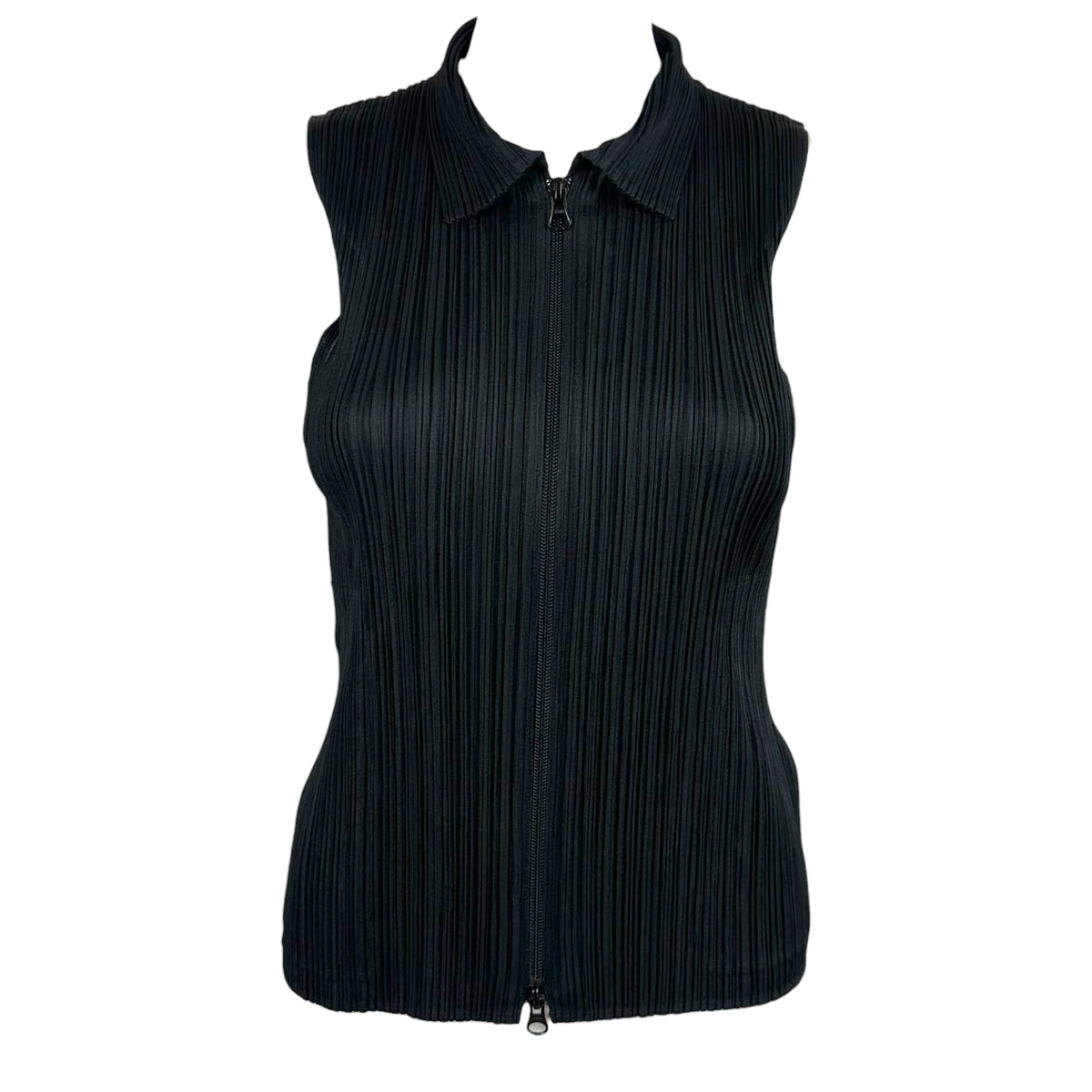 Issey Miyake Pleats Please Black Zip-Up Sleeveless Top Sz 3