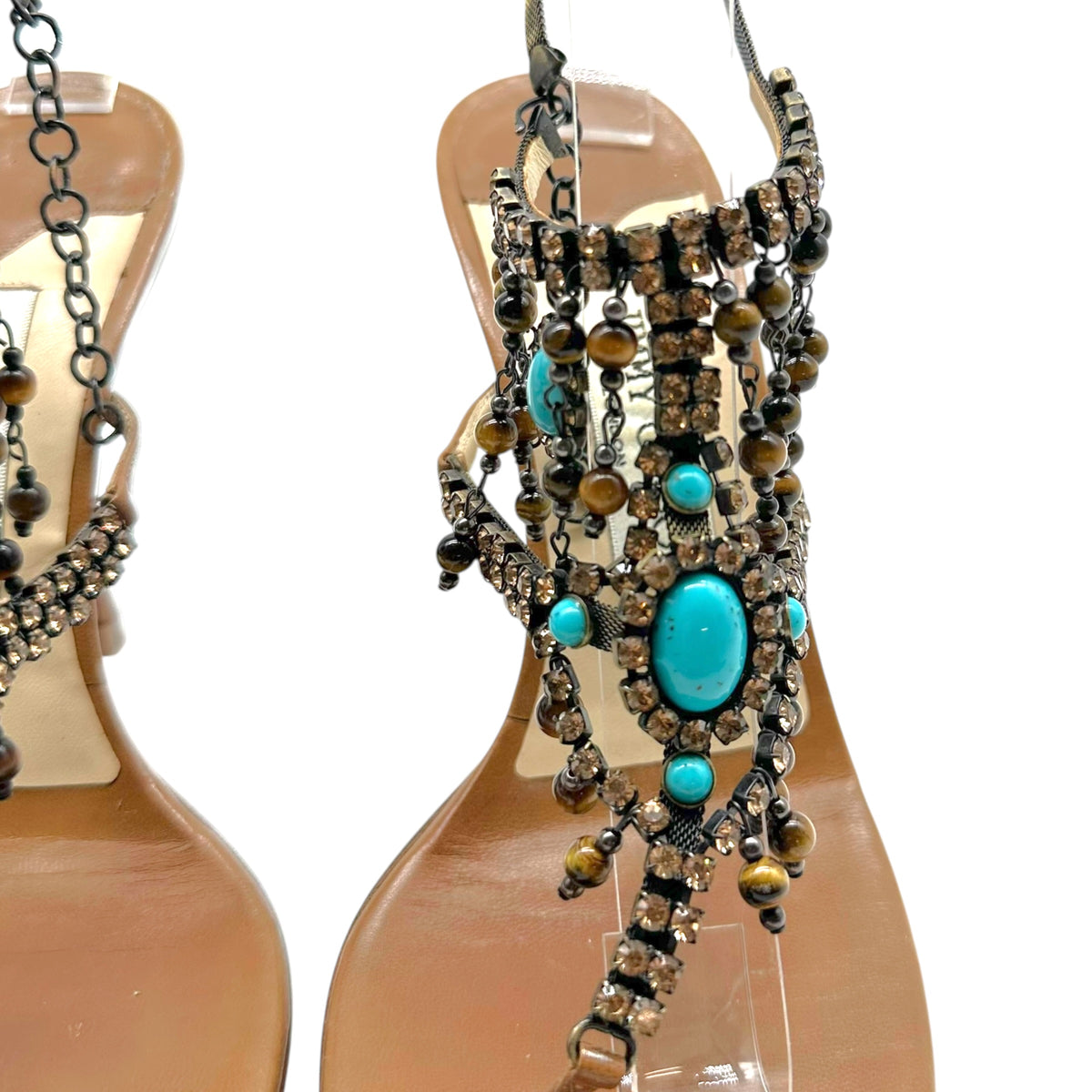 Jimmy Choo Thong Sandal Heels Turquoise Crystal Embellished