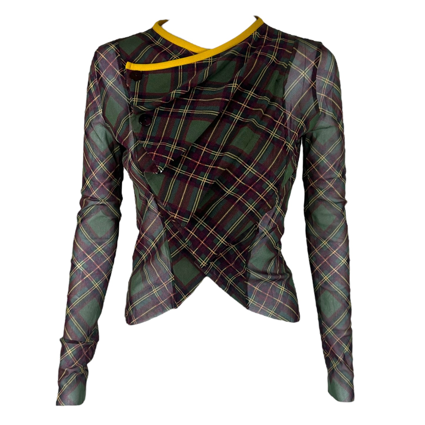Jean Paul Gaultier Plaid Cross Front Mesh Longsleeve Top