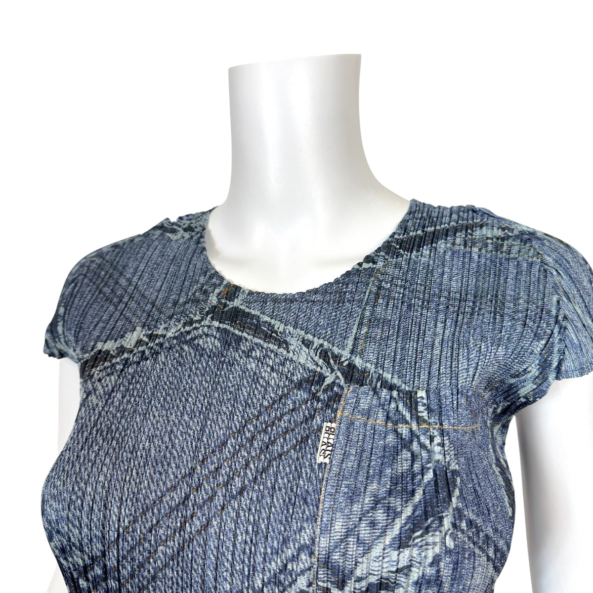 Issey Miyake Pleats Please Patchwork Denim Print Pleated T-Shirt Sz 3