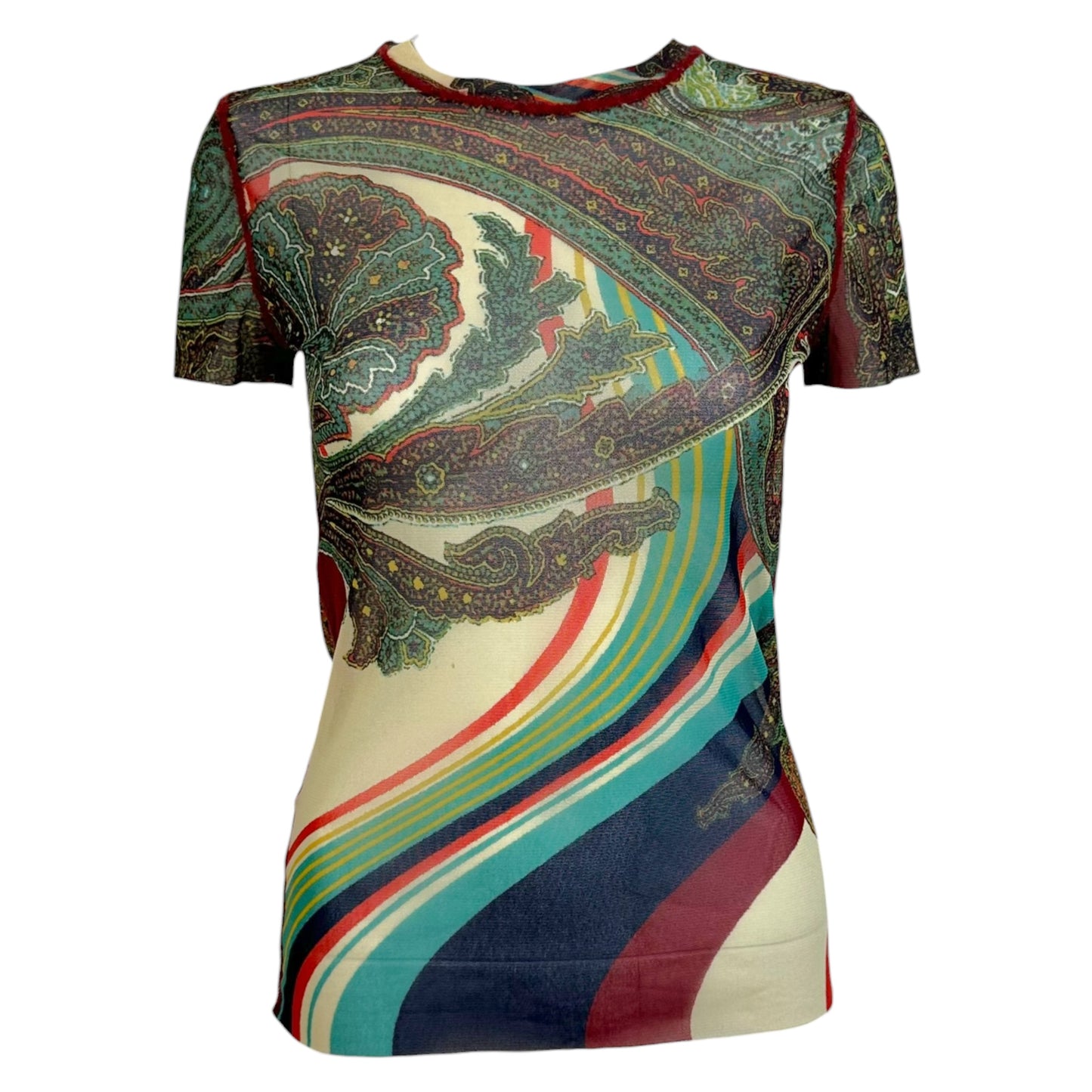 Jean Paul Gaultier Jewel-Toned Paisley Swirl Print Mesh T-Shirt