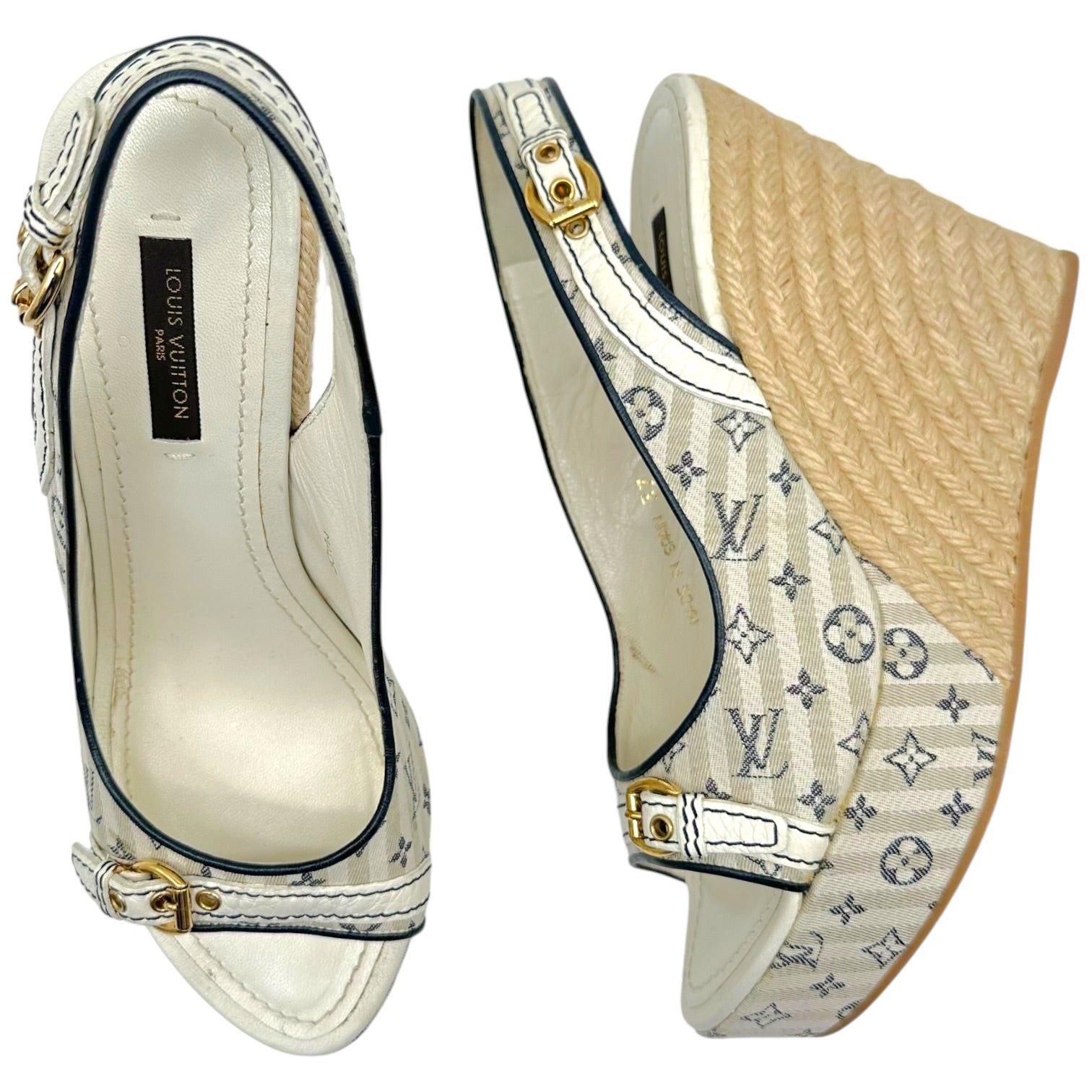 Louis Vuitton Navy Blue Striped Slingback Wedge Heels