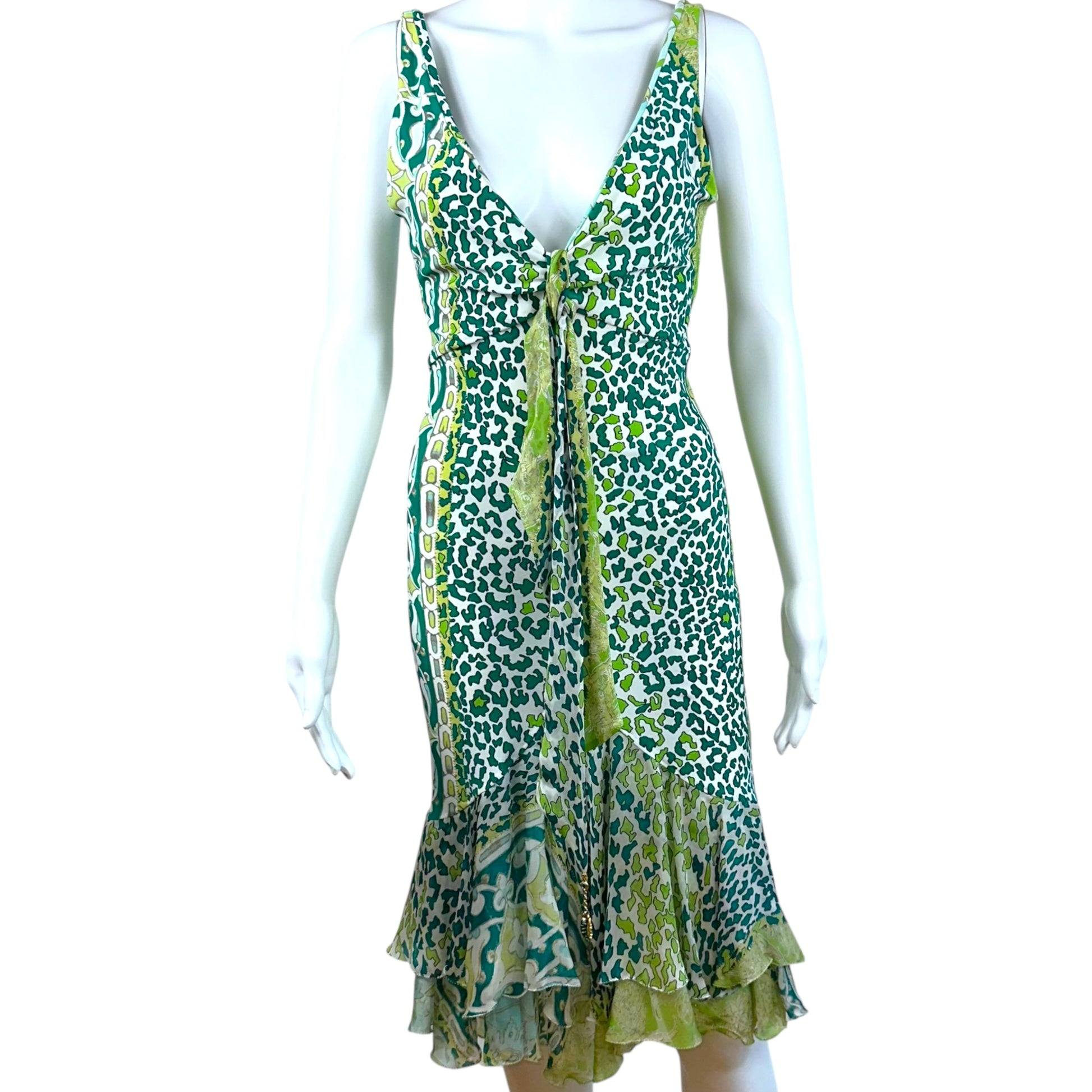 Roberto Cavalli Midi Dress Blue Green Silk Printed V-Neck