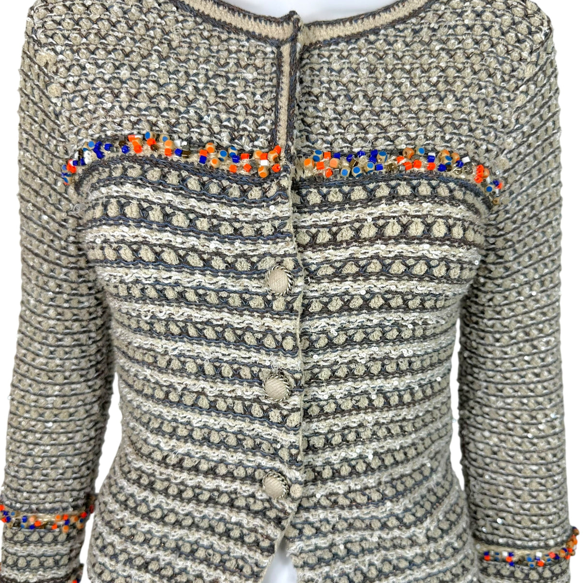 Chanel Taupe Tweed Sequin Knit Crop Cardigan